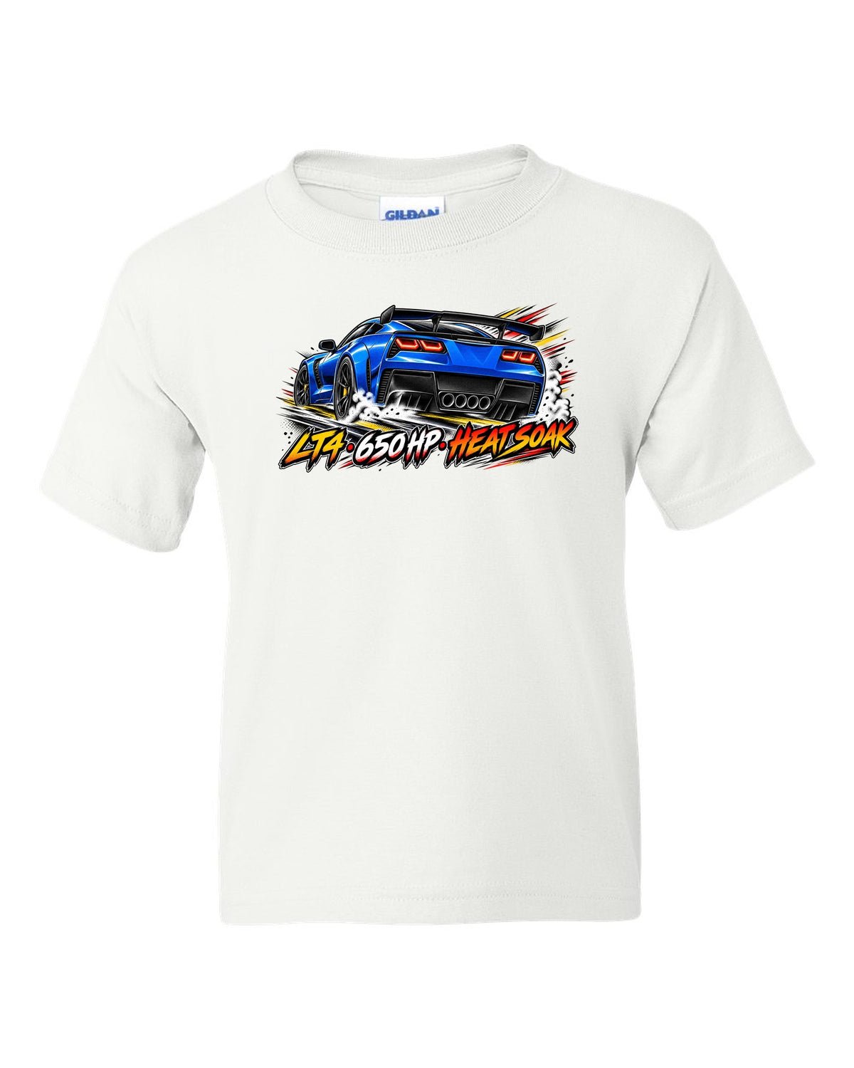 Retro manga halftone panel print of a 2016 Chevrolet Corvette C7 Z06 with LT4 650 HP heat soak lettering white kids tee front view with the design