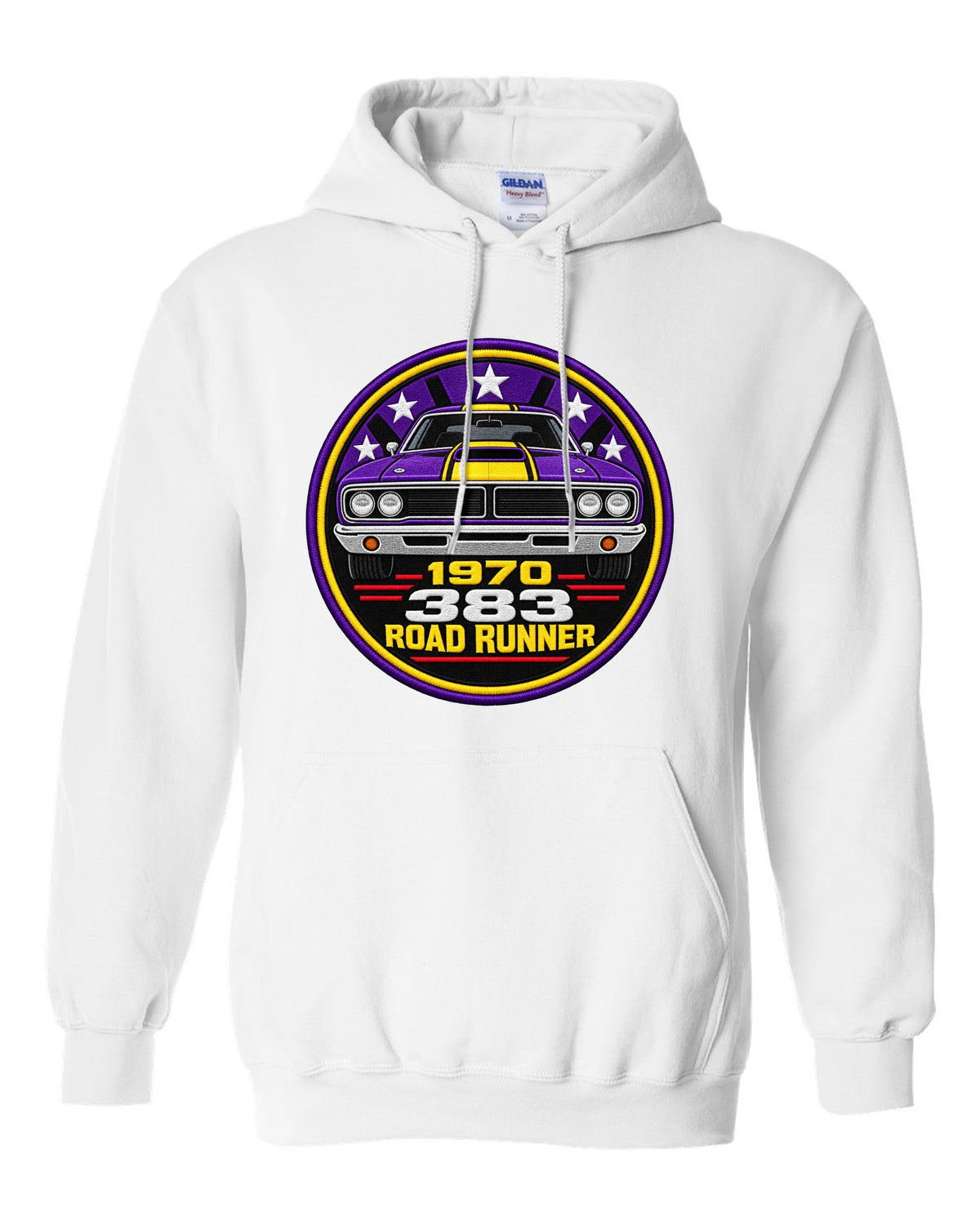 Original round crest print for a 1970 Plymouth Road Runner with 383 lettering white pull over hoodie front view with the design