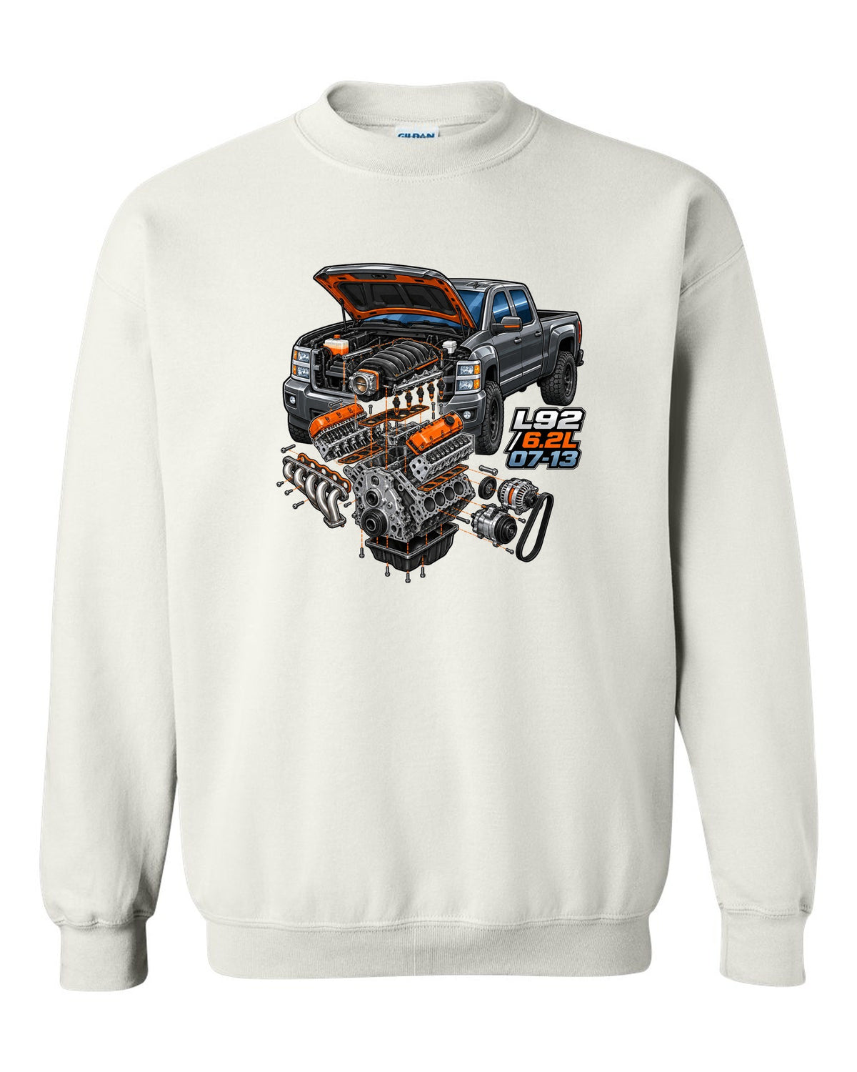 Isometric exploded engine cutaway print for a 2007-2013 Chevrolet Silverado GMT900 with L92 6.2L text white crewneck front view with the design