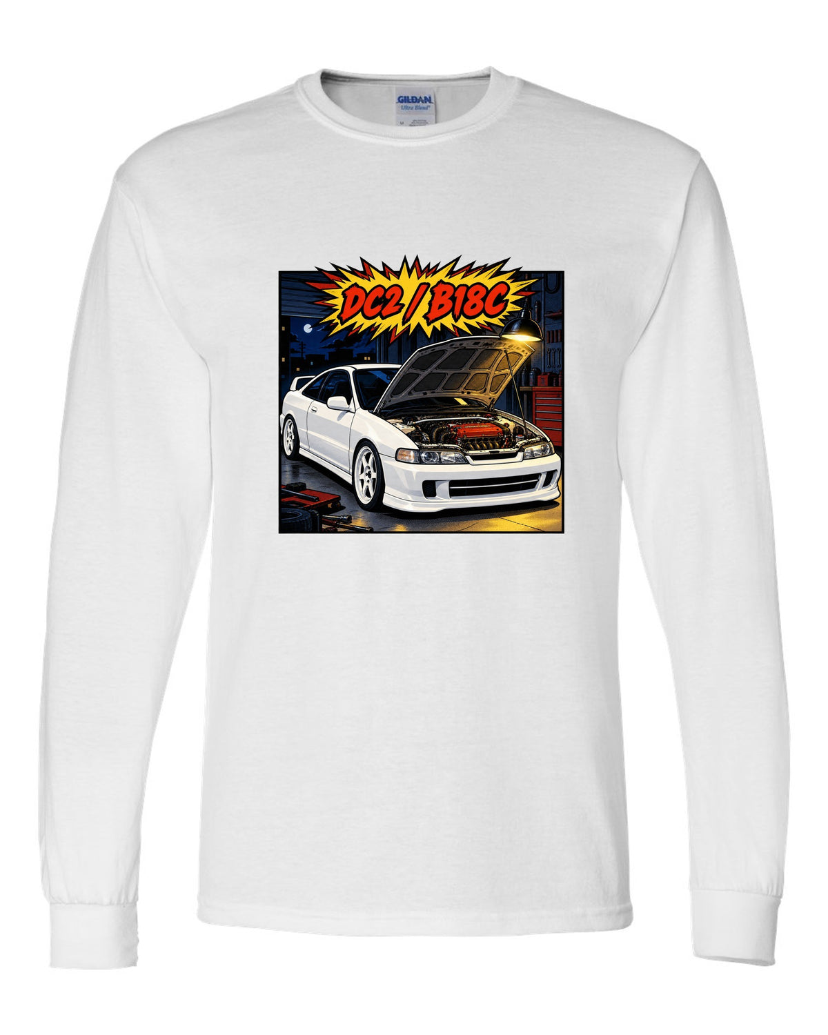 Comic book panel action burst print of a Honda Integra Type R DC2 with bonnet up and B18C text white long sleeve front view with the design