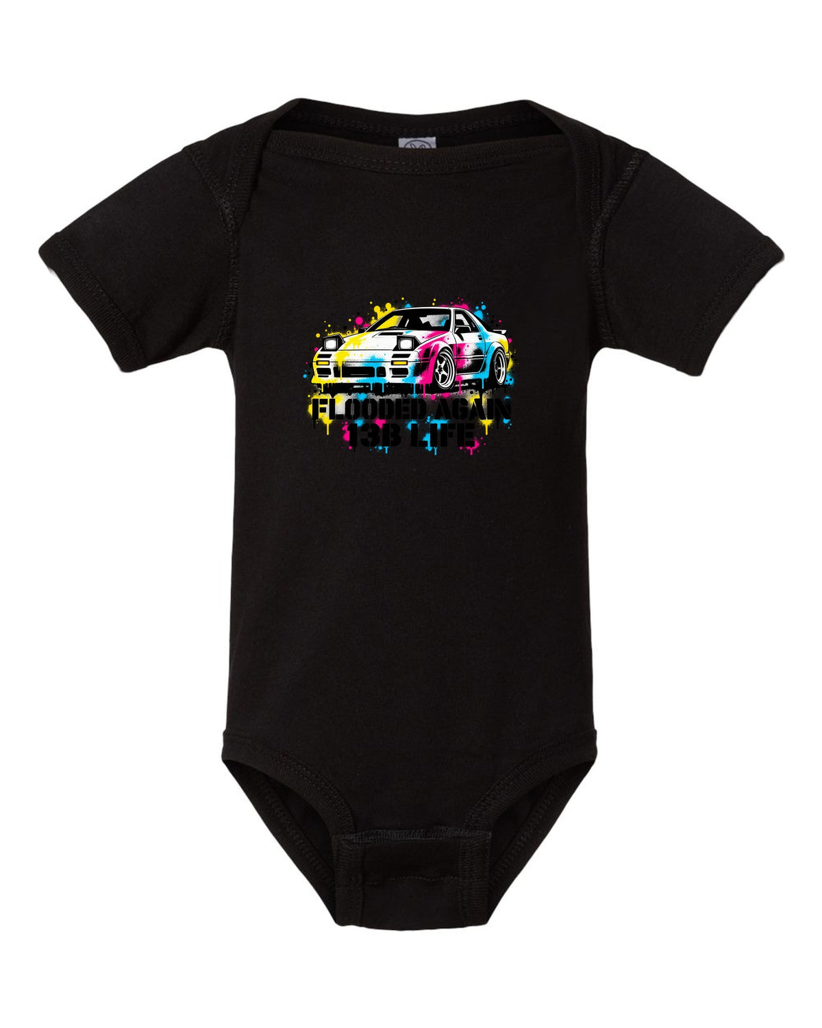 Stencil spray street art print for the Mazda RX-7 FC3S with flooded again 13B life lettering black baby onesie front view with the design