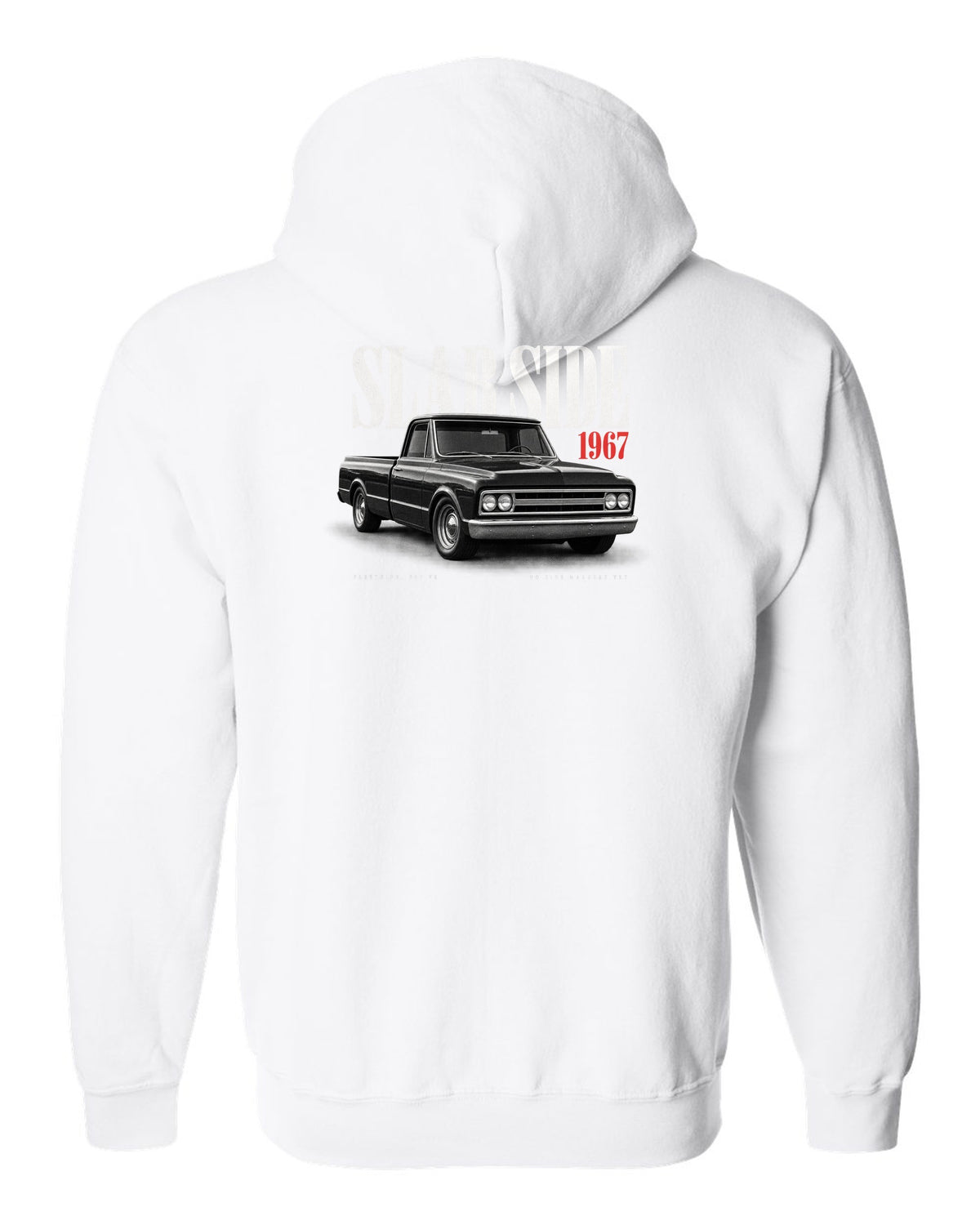 Editorial print of a 1967-72 Chevrolet C10 Action Line Fleetside with 283 V8 text white zip hoodie back view with the design