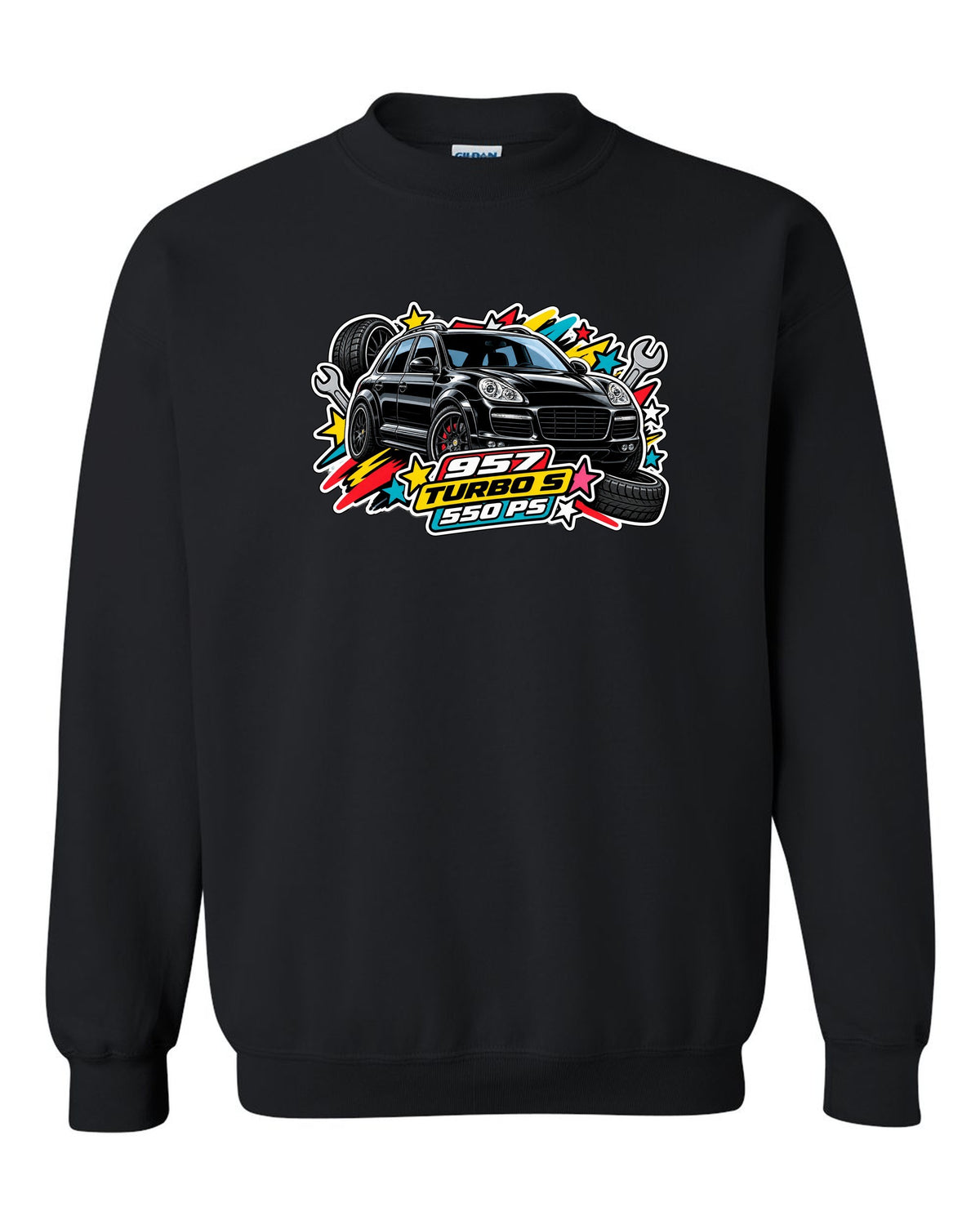 Porsche 991 R patent line art coupe design with 6-speed and 991 built text black crewneck front view with the design