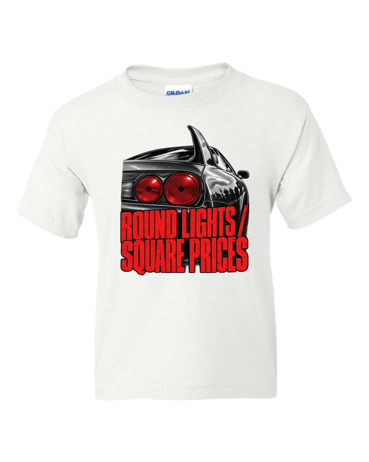 print of a Toyota Supra A80 JZA80 round taillight close-up with the text Round Lights Square Prices white kids tee front view with the design