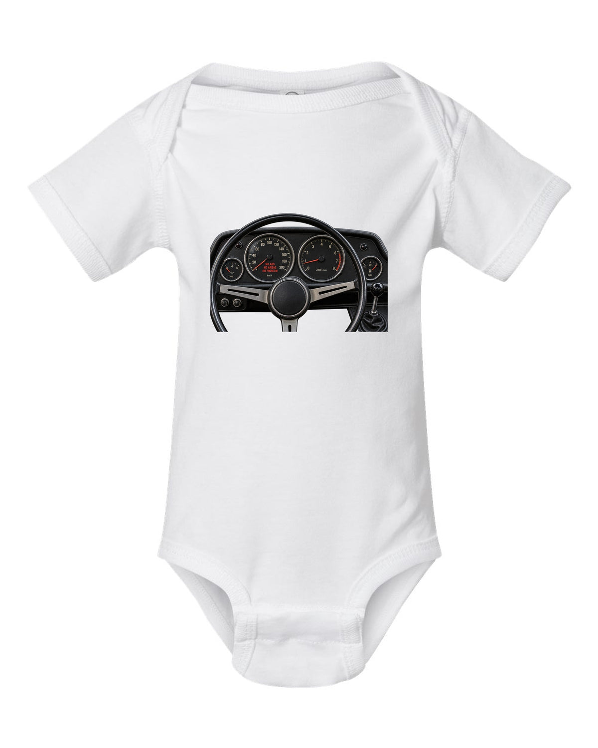 BMW 2002 cockpit gauge print with no ABS no airbag no problem text white baby onesie front view with the design