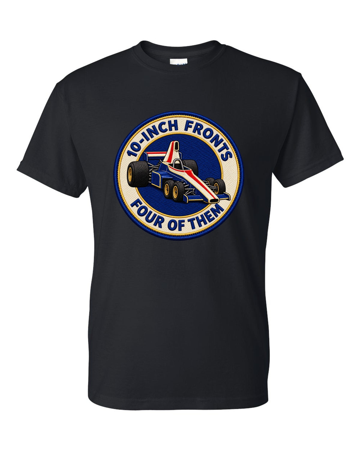 Varsity crest print of the Tyrrell P34 with 10-inch fronts, four of them lettering black t-shirt front view with the design
