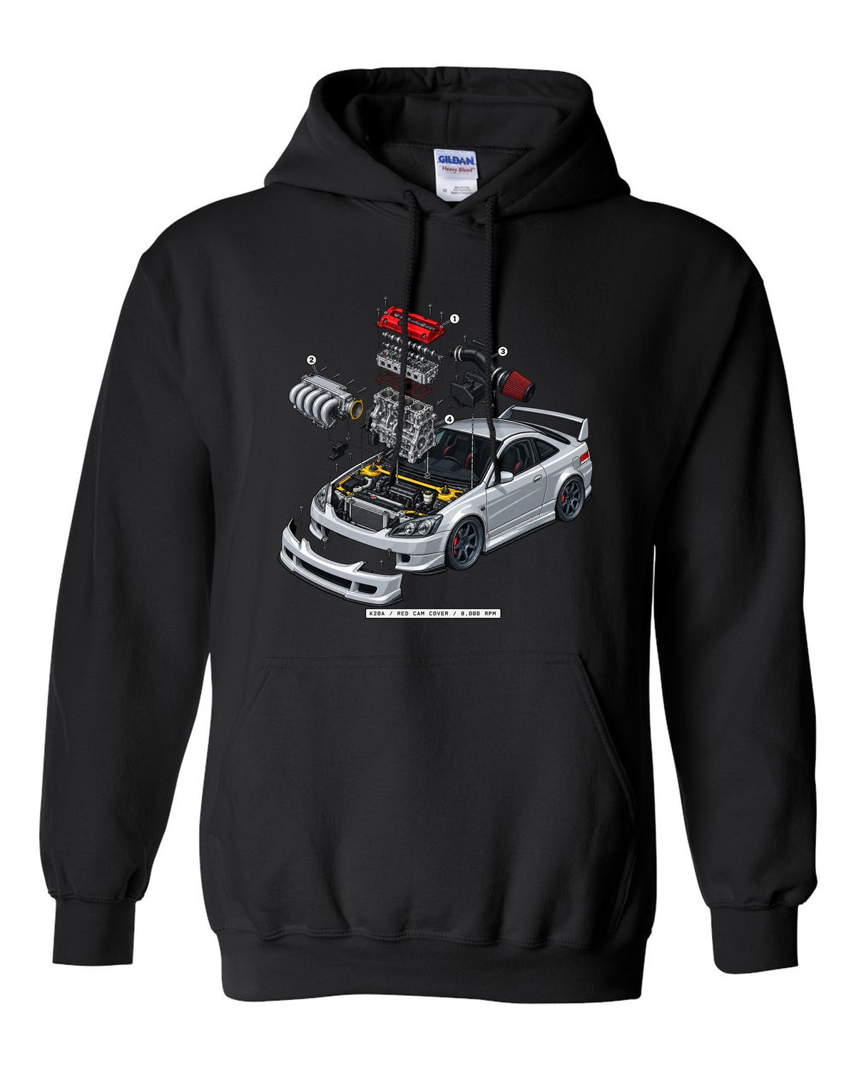 Exploded K20A engine diagram print of a 2002 Honda Integra DC5 ch with red cam cover text black pull over hoodie front view with the design