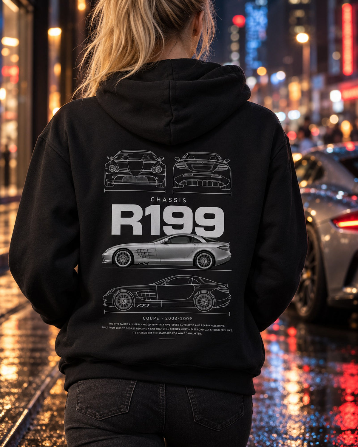 Mercedes SLR McLaren coupe Blueprint Full-Back Graphic Tee, R199 Chassis Code Pull Over Hoodie Black worn hero