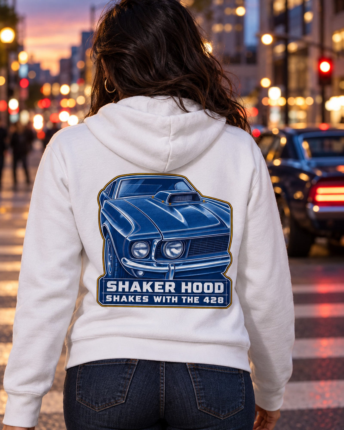 1969 Ford Mustang Fastback Shaker Hood Cyanotype Shirt Zip Hoodie White worn hero