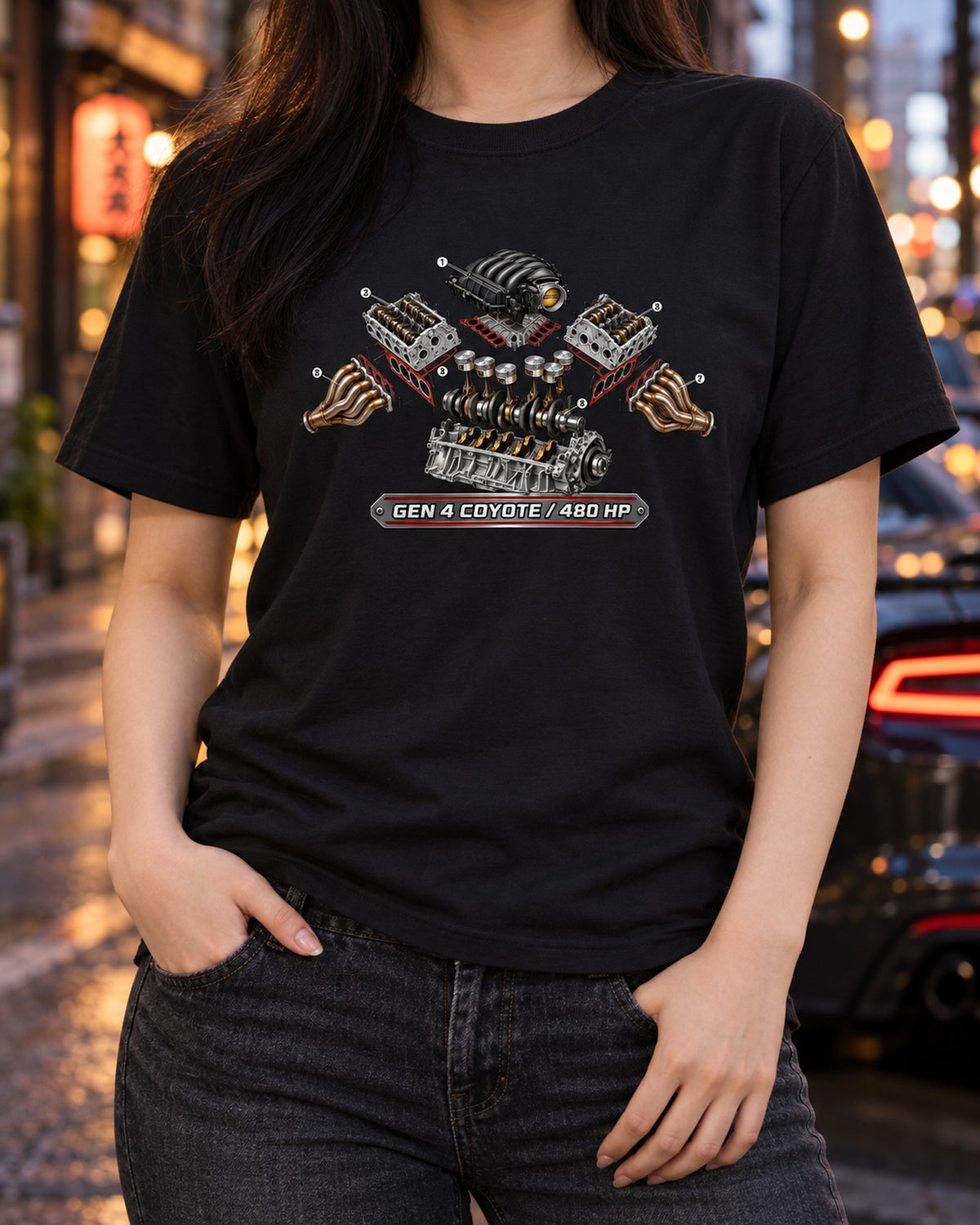 S650 Mustang 5.0 Gen 4 Coyote Engine Teardown Cutaway Shirt T-Shirt Black worn hero
