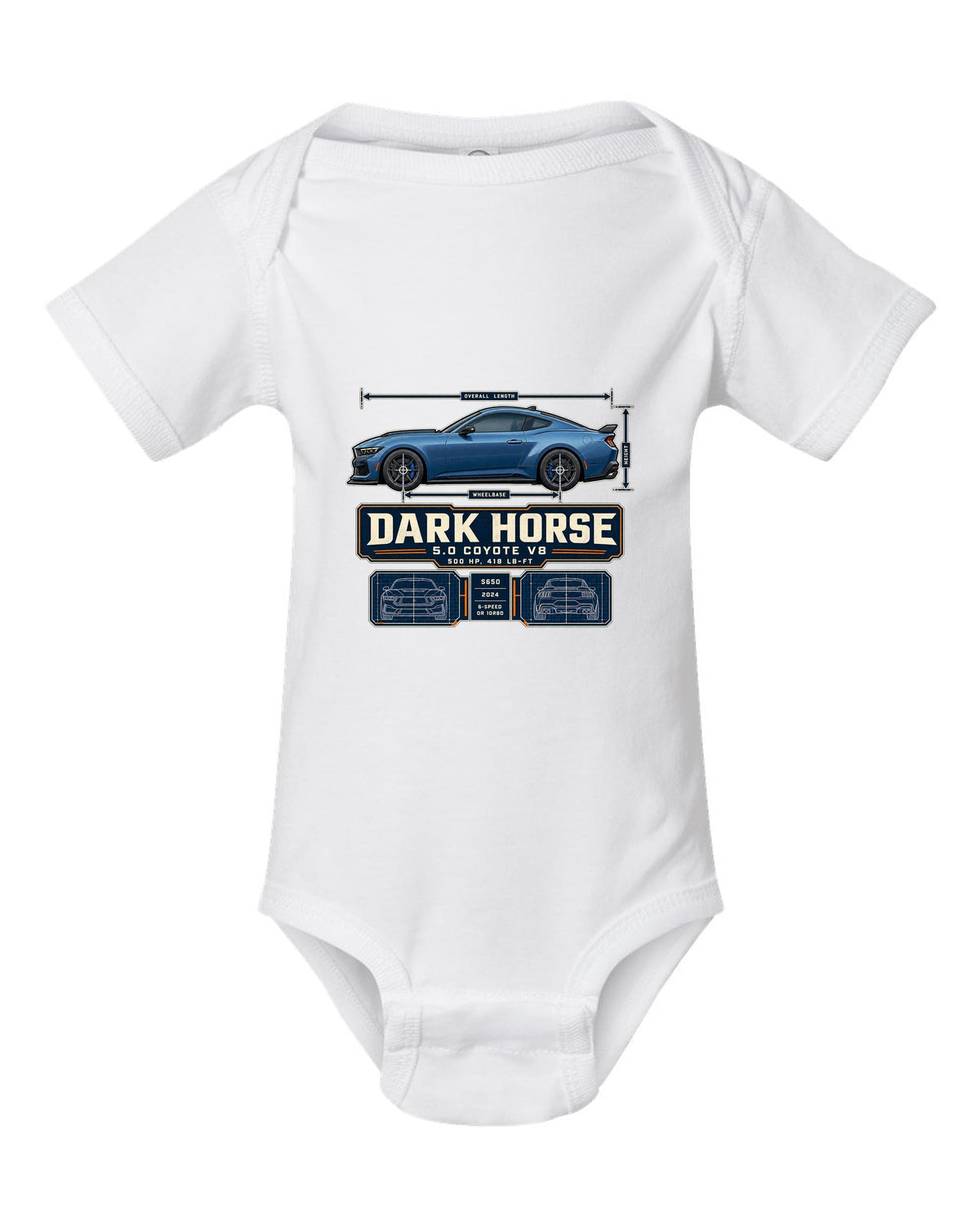 print of a Ford Mustang S650 Dark Horse dimension blueprint with 5.0 Coyote V8 and 500 HP text white baby onesie front view with the design