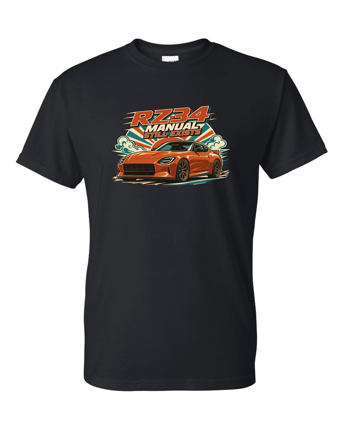 1970s Showa catalogue ad style print of the Nissan Z RZ34 black t-shirt front view with the design