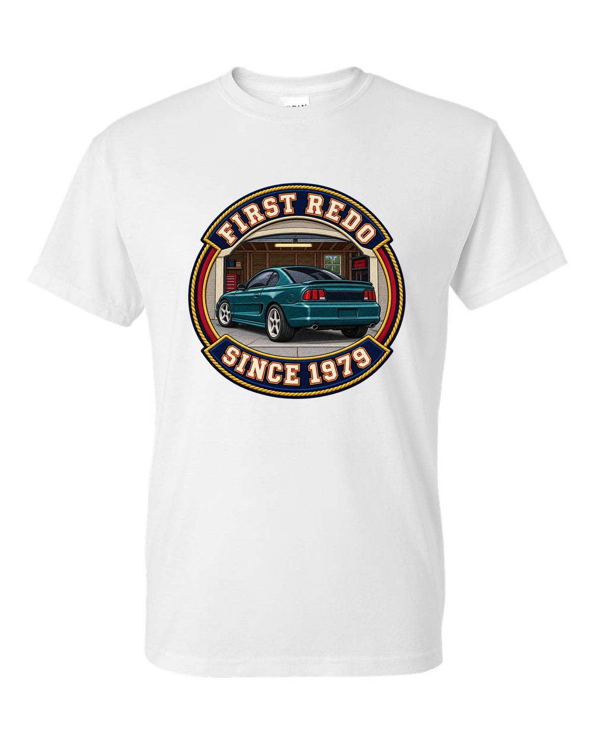 Embroidery-style varsity crest print for a 1994-98 Ford Mustang SN95 white t-shirt front view with the design
