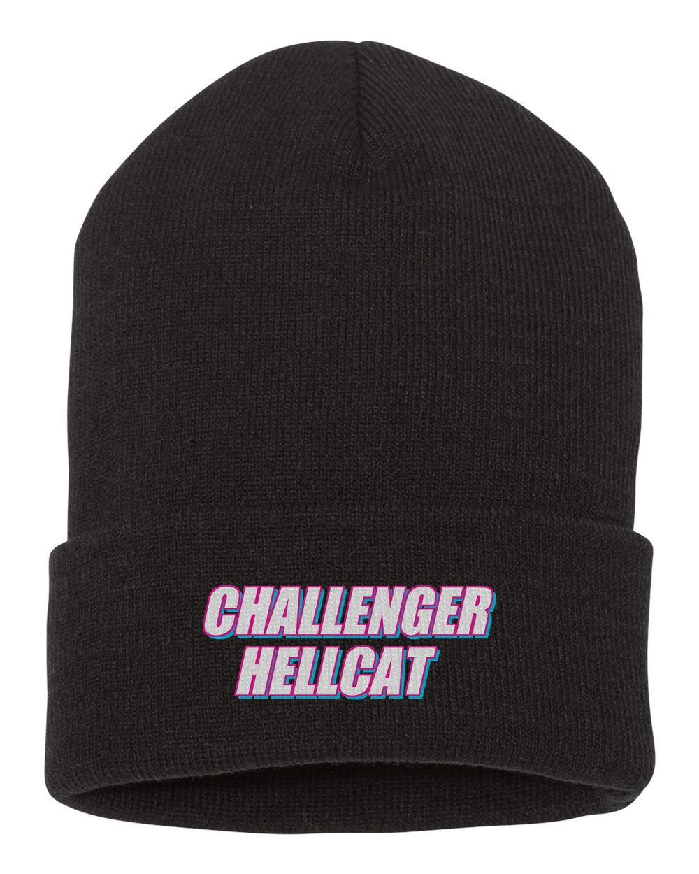 Challenger Hellcat black beanie front view with car name