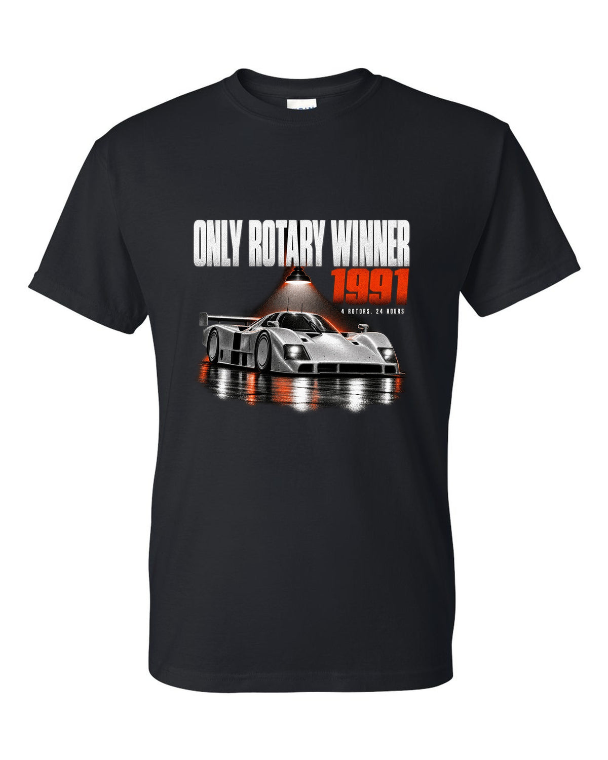 Mazda 787B in a dark garage with only rotary winner 1991 lettering black t-shirt front view with the design