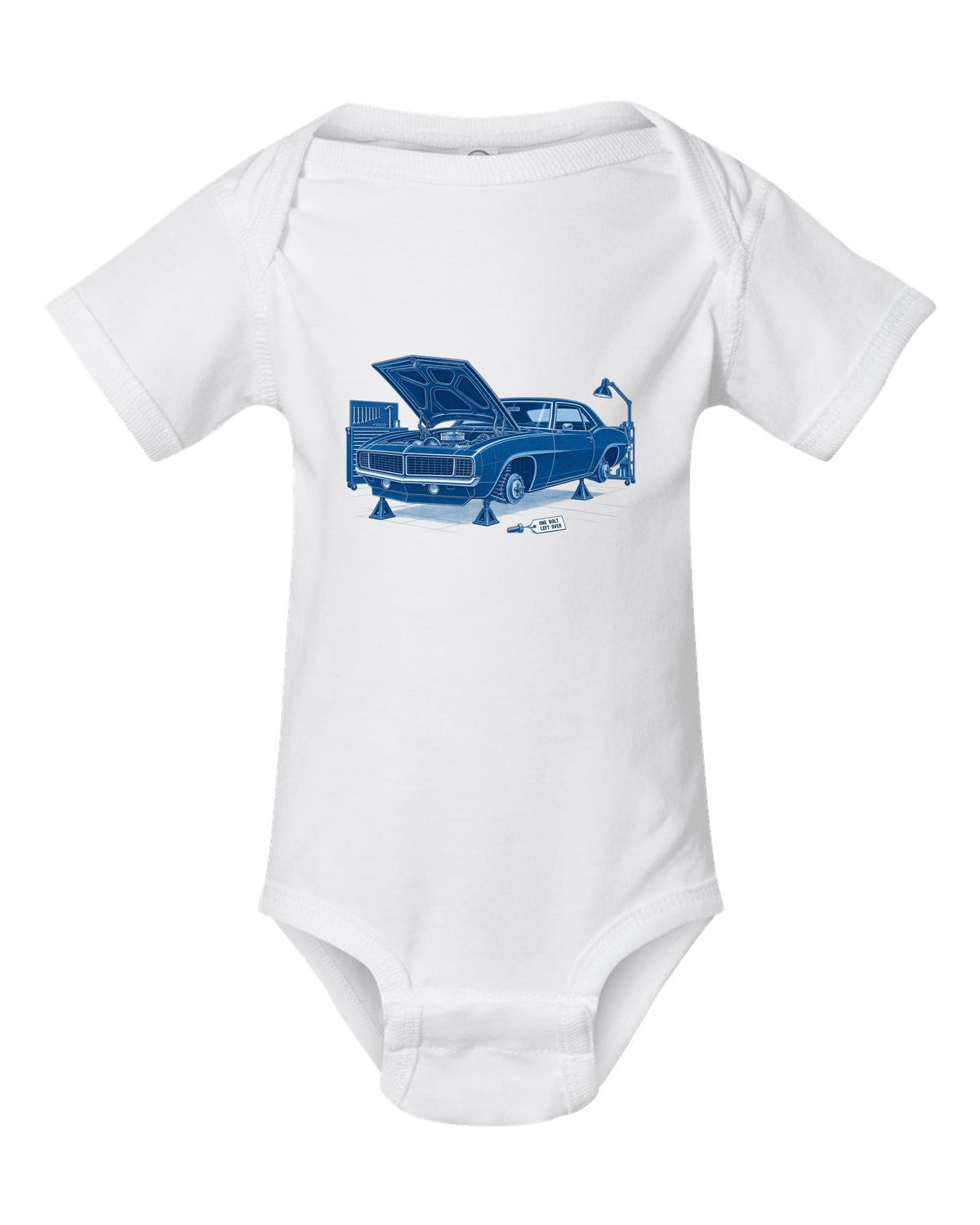 1969 Camaro first-generation in cyanotype negative blueprint style with the text One Bolt Left Over white baby onesie front view with the design