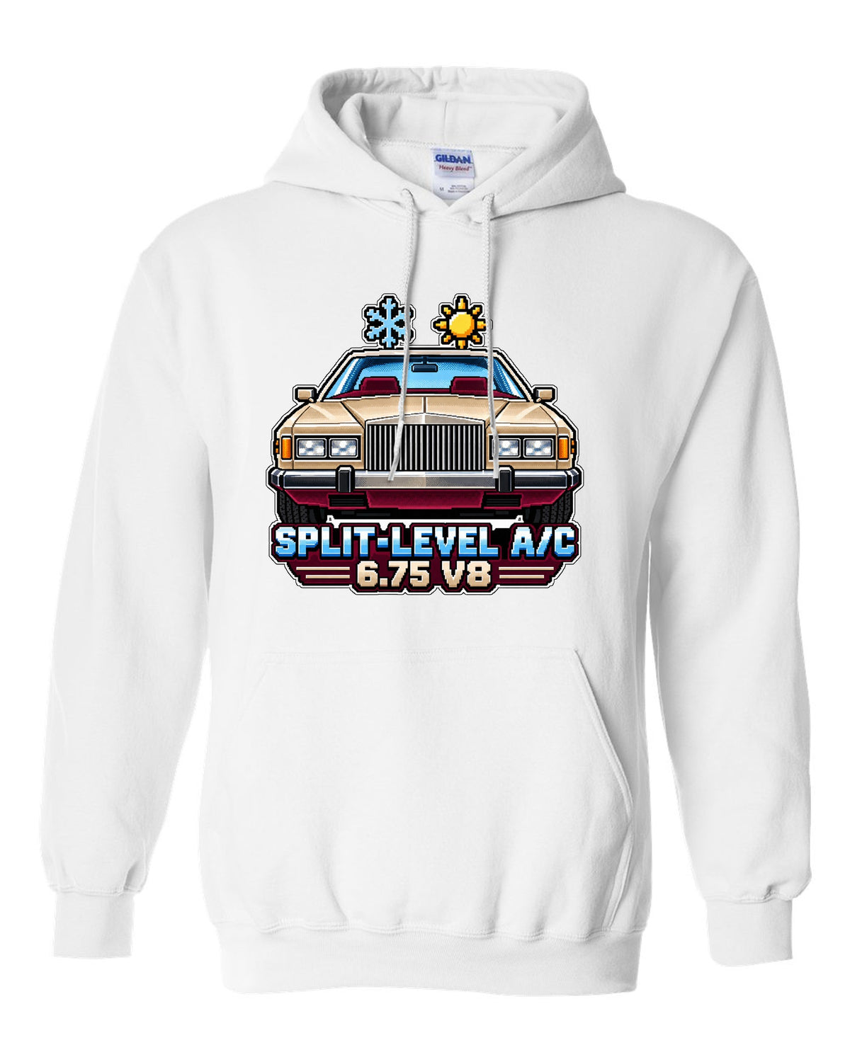 16-bit pixel art print of a 1975 Rolls-Royce Camargue with split-level A/C and 6.75 V8 lettering white pull over hoodie front view with the design