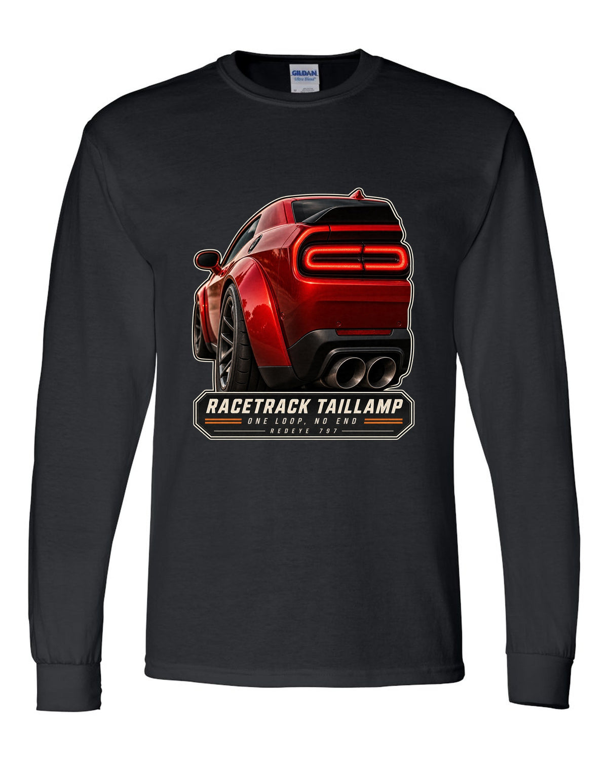 Dodge Challenger Hellcat Redeye Widebody racetrack taillamp macro print black long sleeve front view with the design