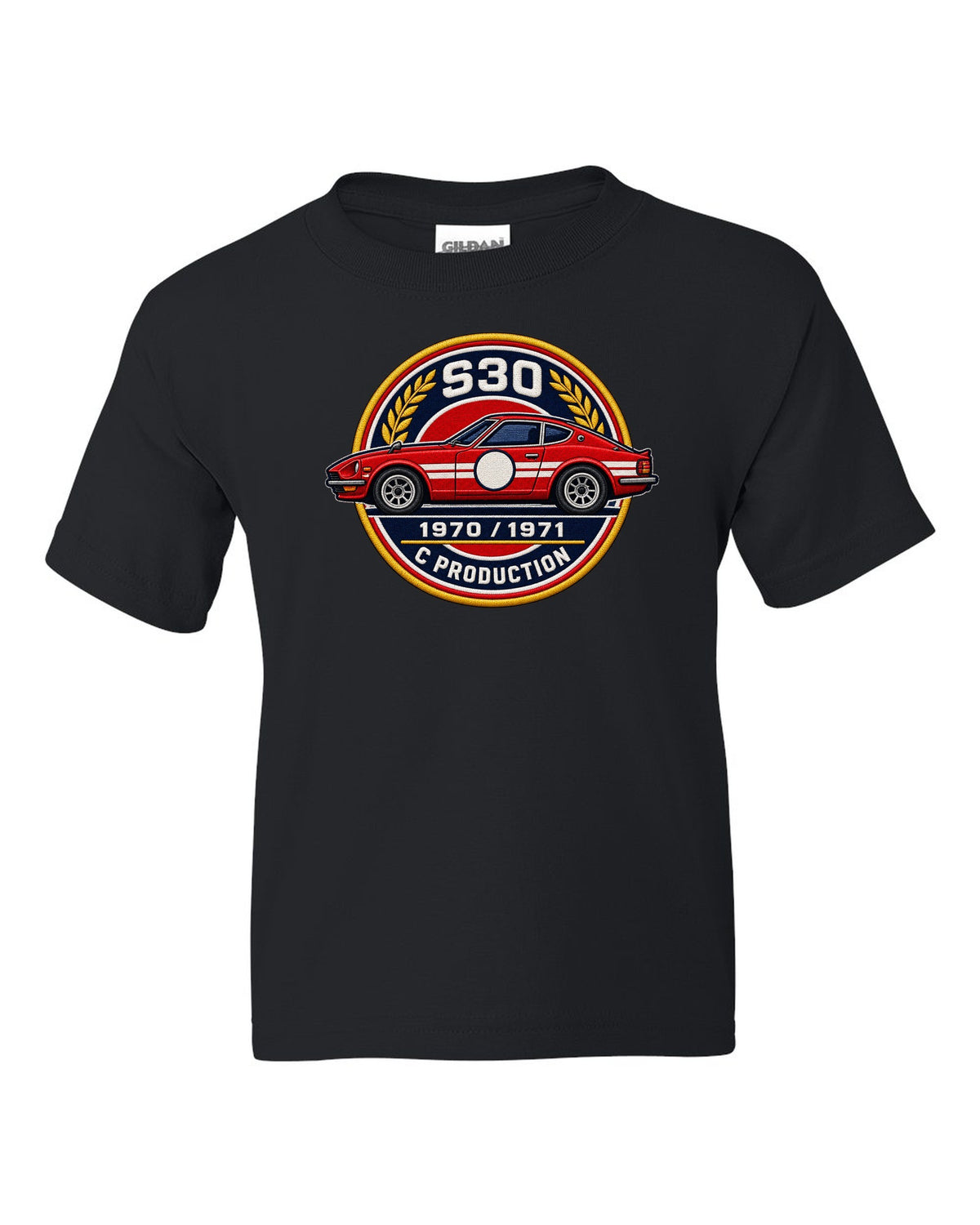 Round crest print for the Datsun 240Z S30 with S30, 1970, 1971 and C Production lettering black kids tee front view with the design