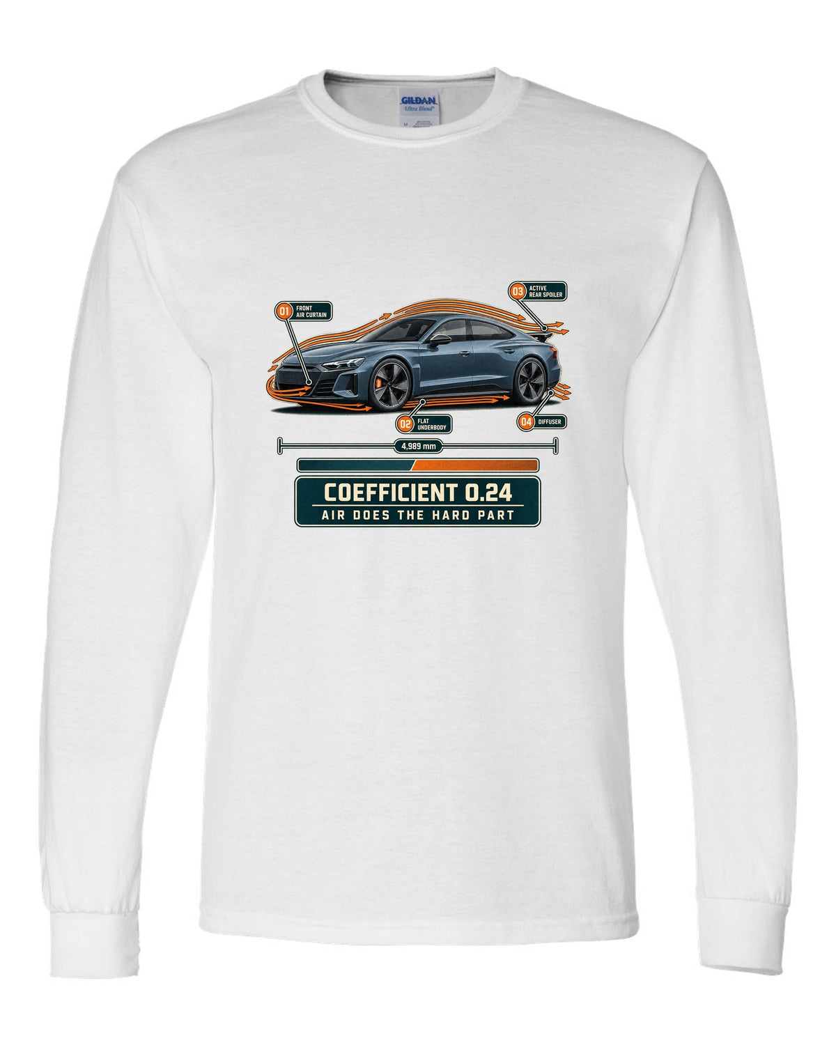 Audi RS e-tron GT aero callouts with airflow diagram print design white long sleeve front view with the design