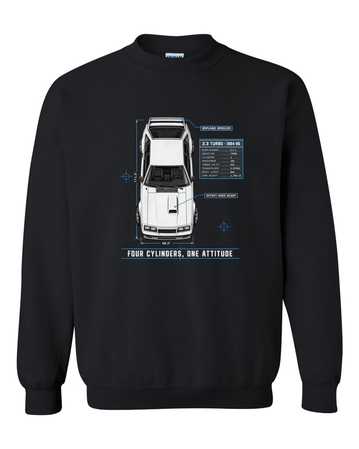 Spec poster print of a 1984-86 Fox Body Mustang 2.3 turbo chback black crewneck front view with the design
