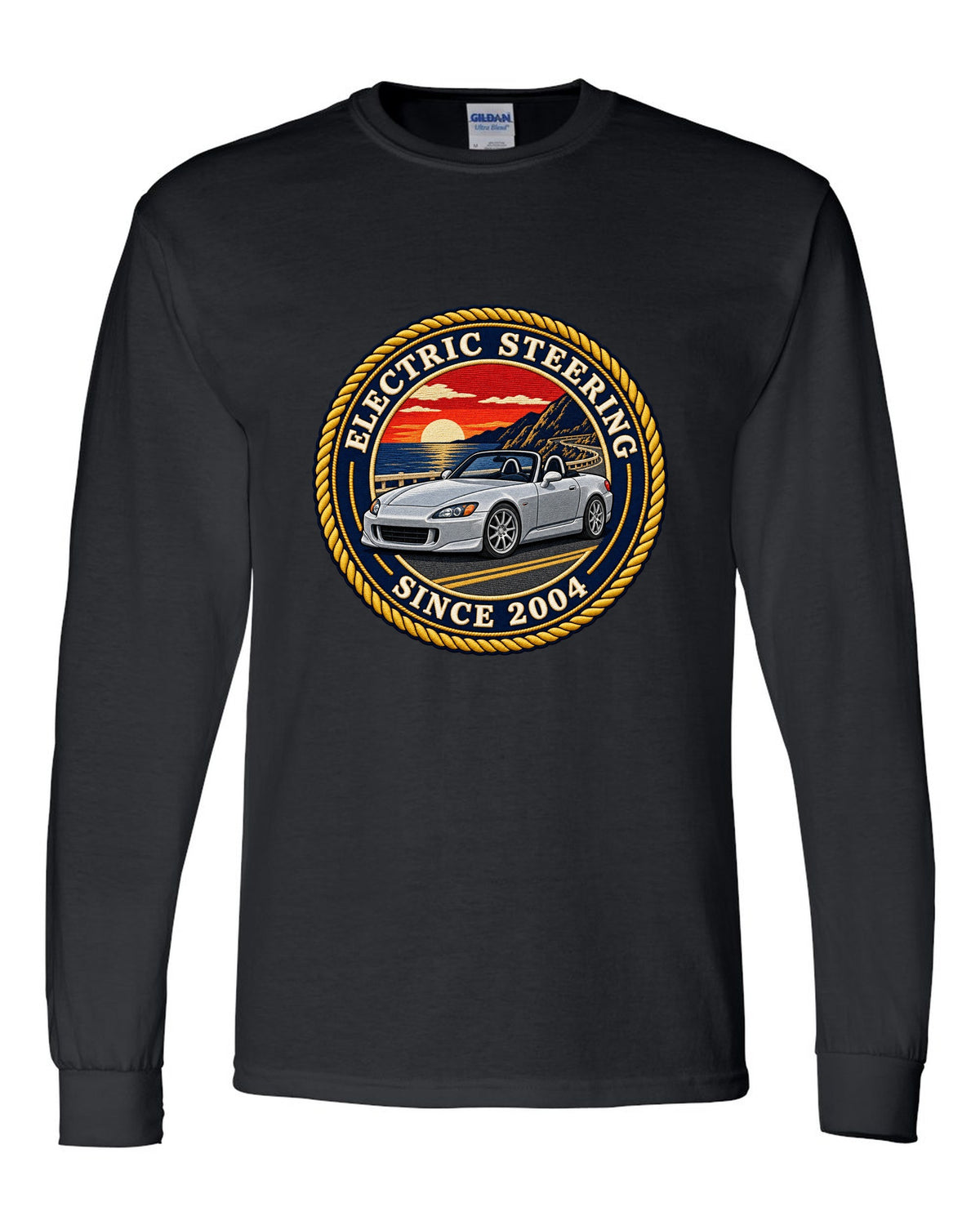 Embroidery-style round crest print of a 2004 Honda S2000 AP2 roadster black long sleeve front view with the design