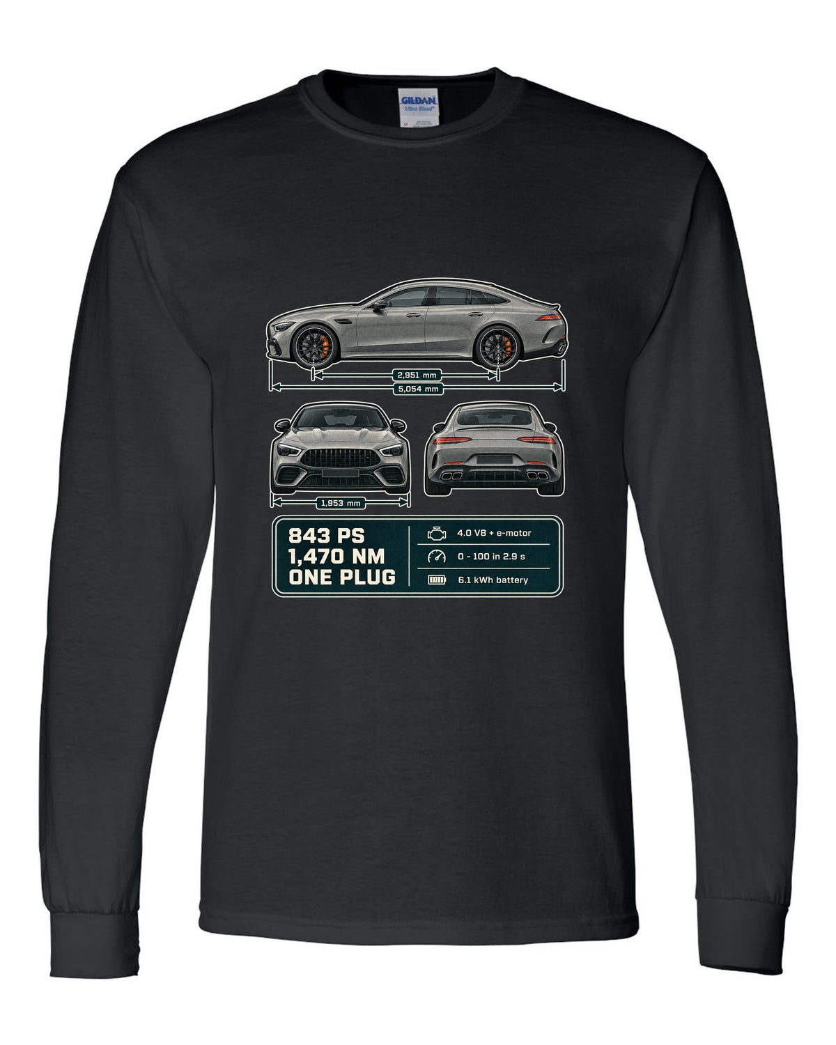 Mercedes-AMG GT 63 S E Performance 4-Door three-view warm grey print black long sleeve front view with the design