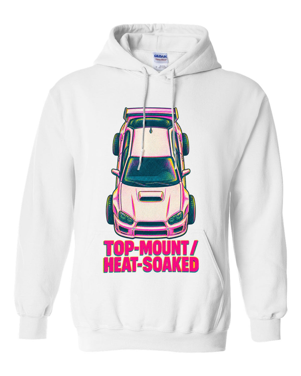Risograph top view of a Subaru Impreza WRX GDB Blobeye with heat-soaked text white pull over hoodie front view with the design