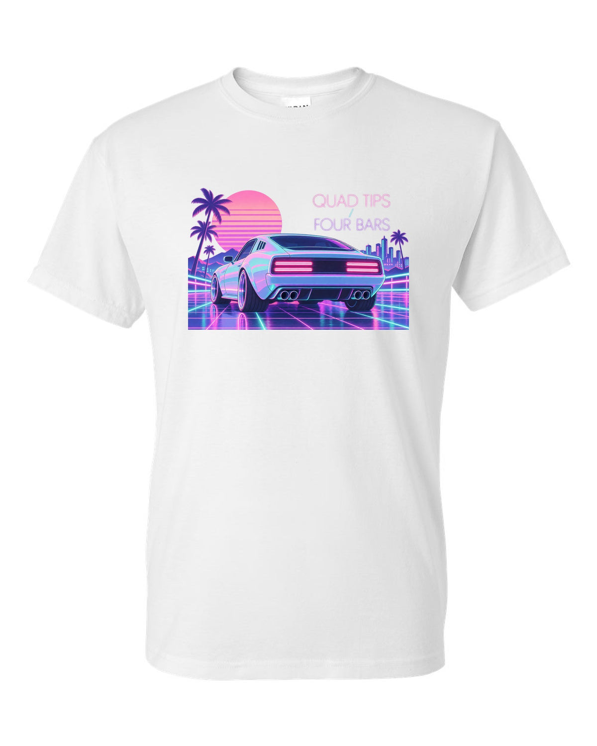 Kia Stinger GT CK vaporwave pastel rear view print with quad tips and four bars text white t-shirt front view with the design