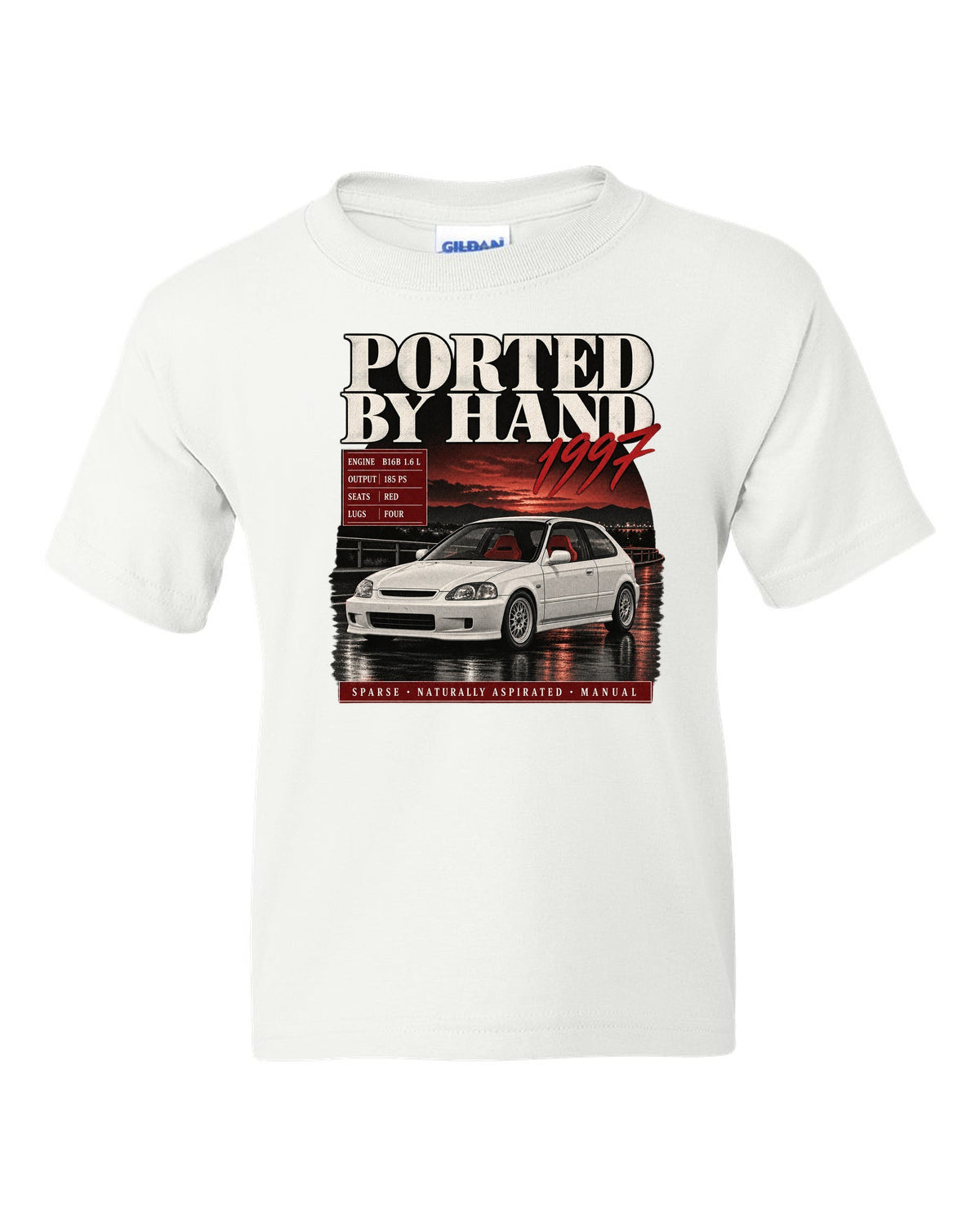 Archive panel print of a 1997 Honda Civic EK9 chback with hand-ported text white kids tee front view with the design