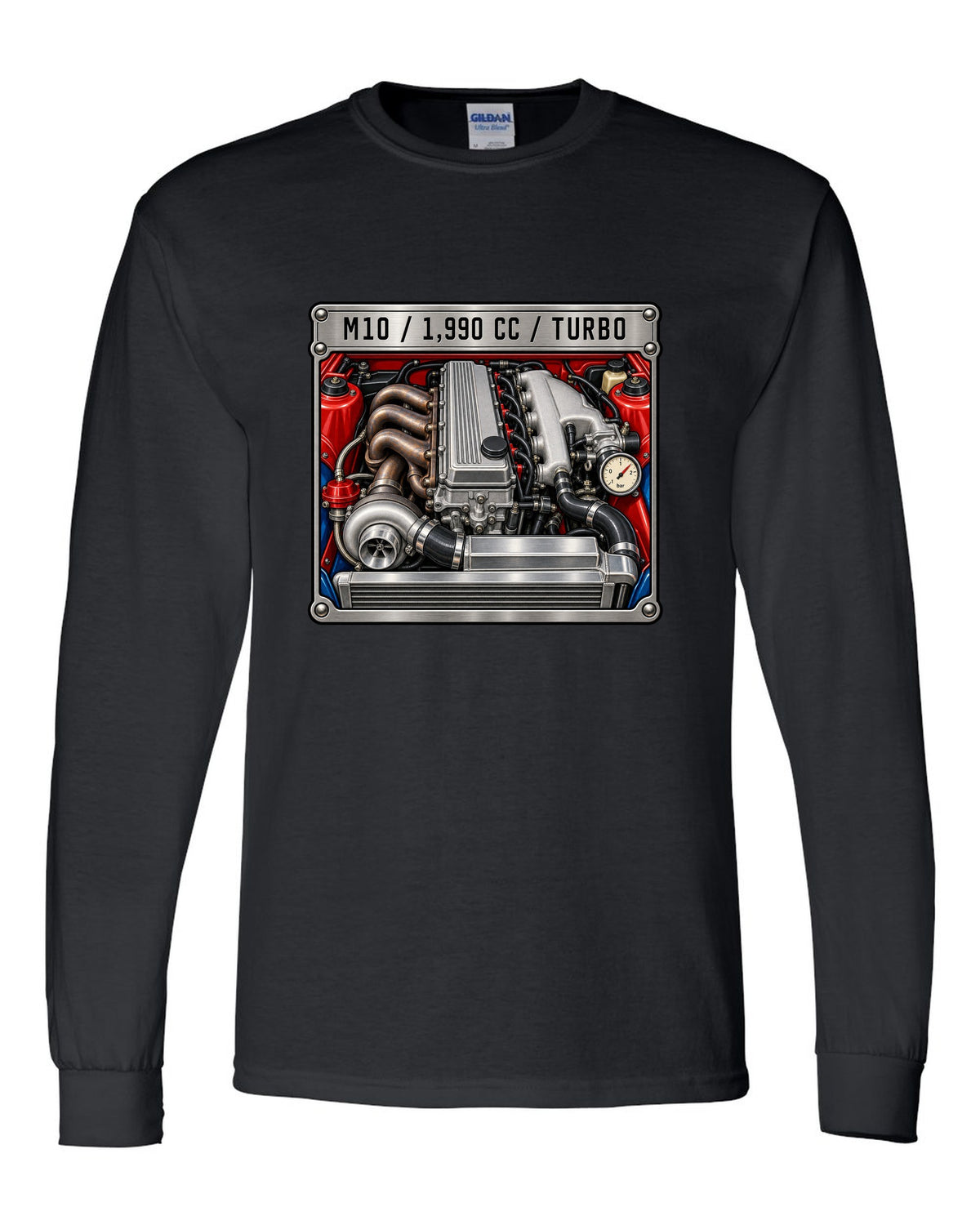 BMW 2002 turbo M10 engine spec data plate print with 1,990 cc text black long sleeve front view with the design