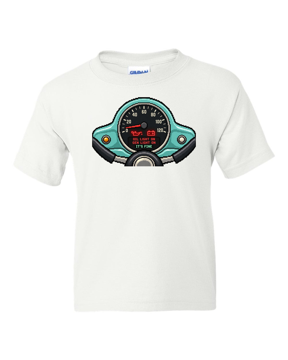 Pixel LED segmented display print of a VW Beetle Type 1 dashboard with warning light lettering white kids tee front view with the design