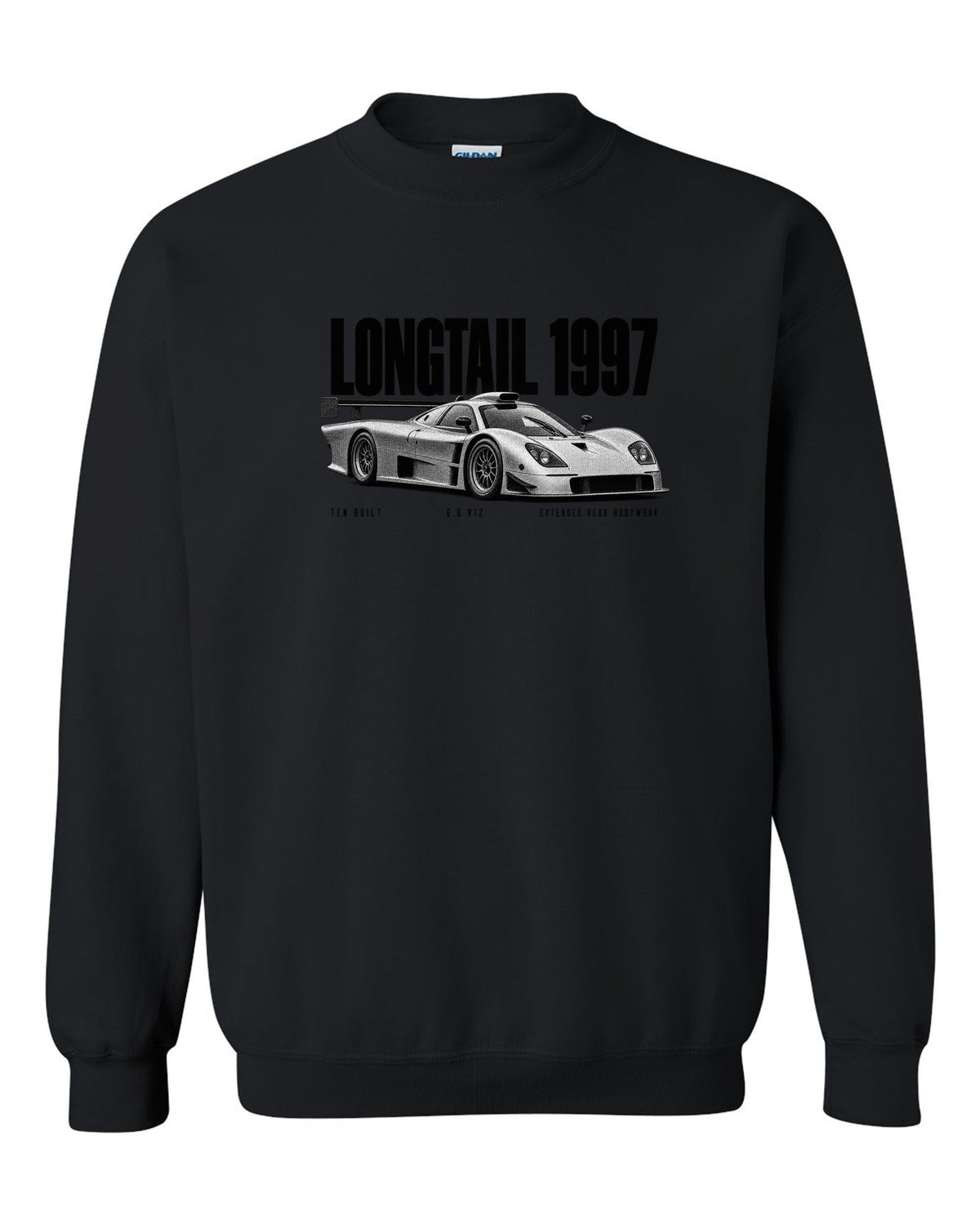 Halftone print of a 1997 McLaren F1 GTR Longtail with extended rear bodywork black crewneck front view with the design