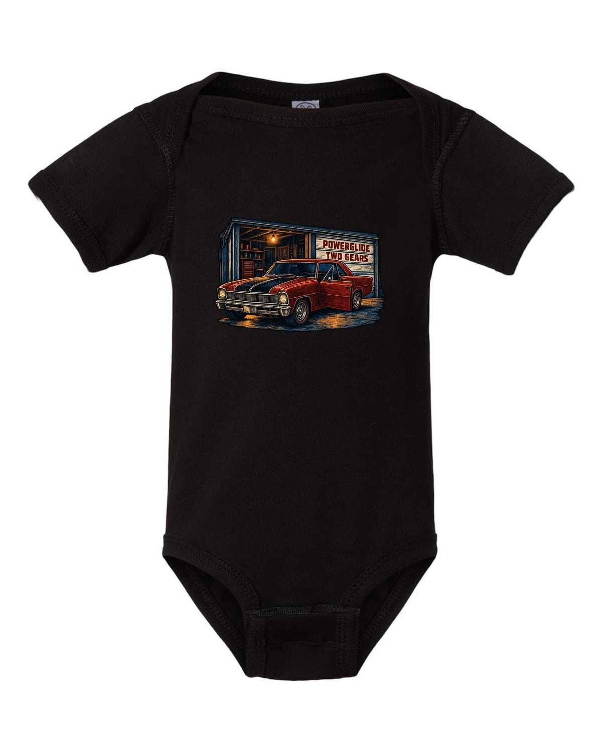 Linocut print of a 1967 Chevrolet Nova Chevy II parked in a garage with Powerglide lettering black baby onesie front view with the design