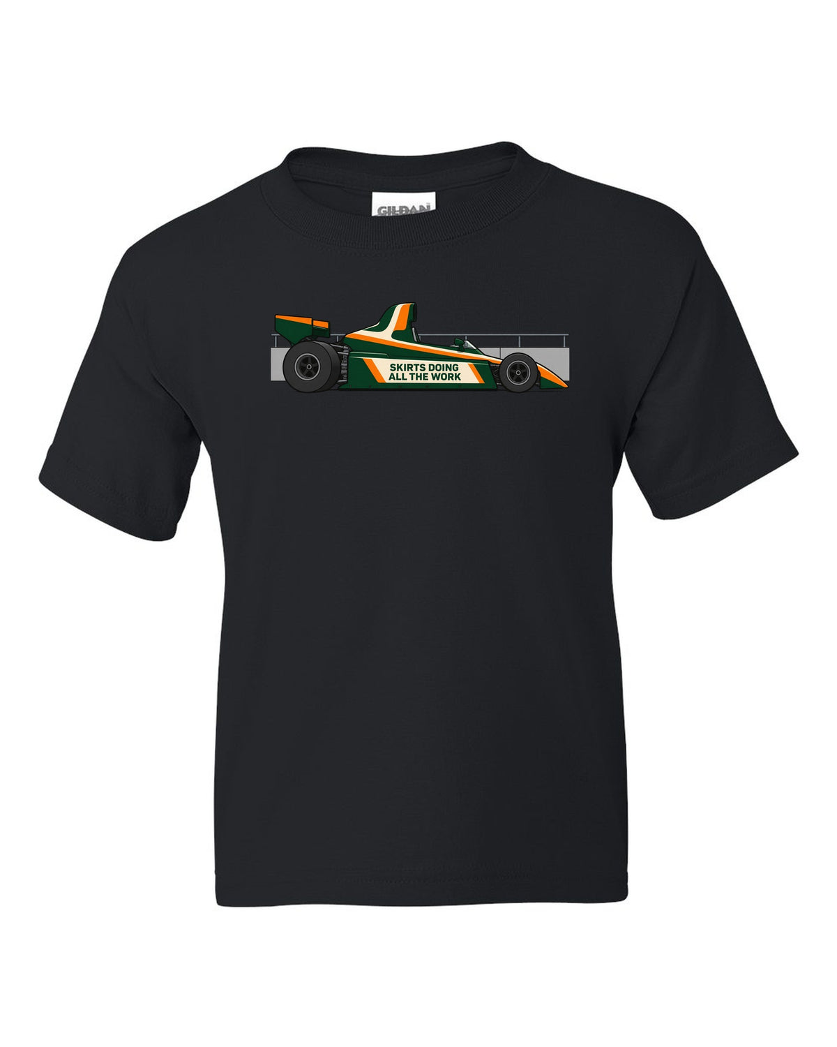 Flat vector Lotus 79 Formula 1 car with the lettering skirts doing all the work black kids tee front view with the design