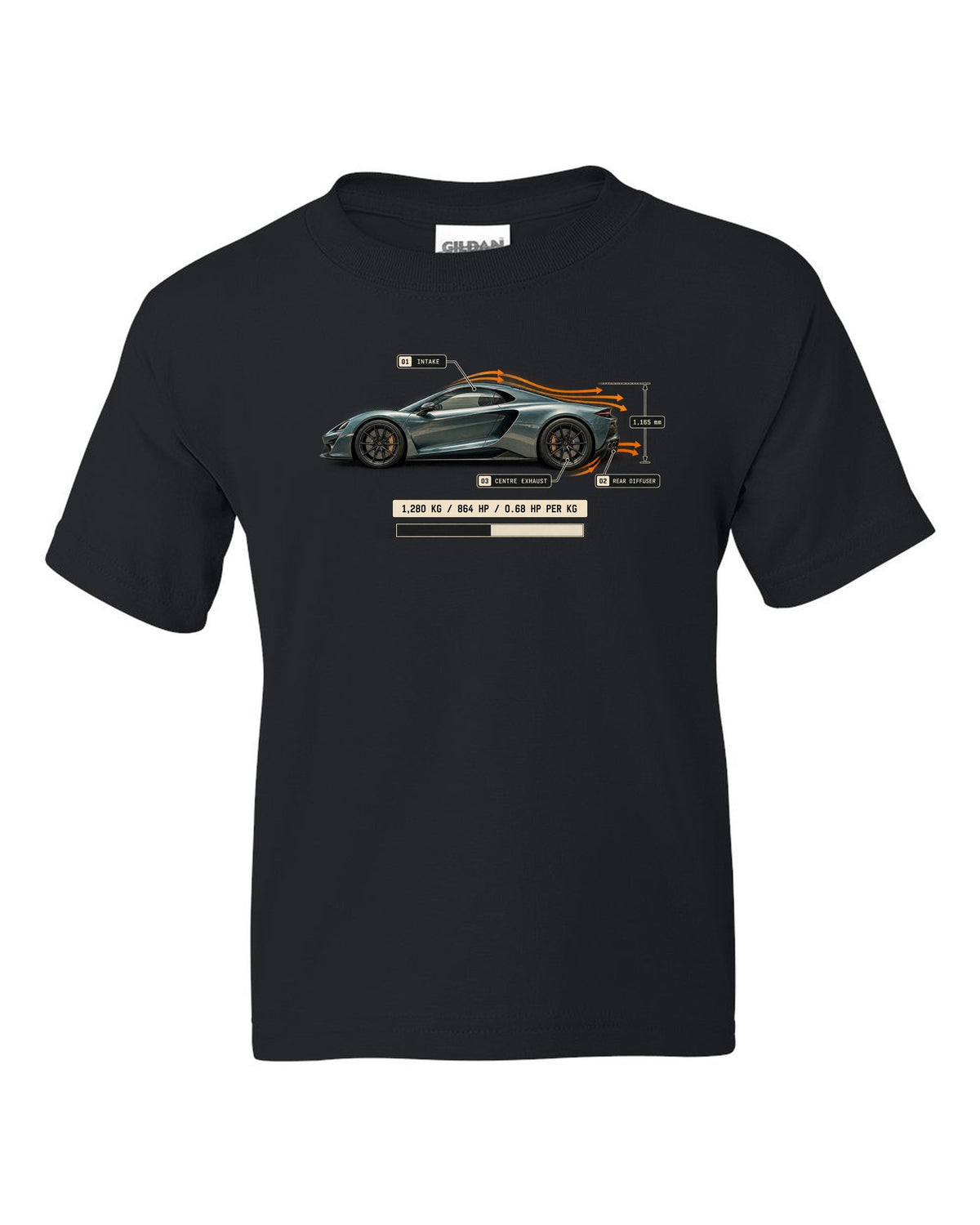 Airflow callout print of the Pagani Utopia with the text 1,280 kg, 864 hp, 0.68 hp per kg black kids tee front view with the design