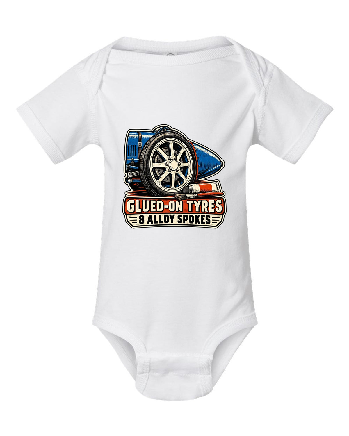 Linocut style print of a Bugatti Type 35 eight-spoke alloy wheel with glued-on tyres lettering white baby onesie front view with the design