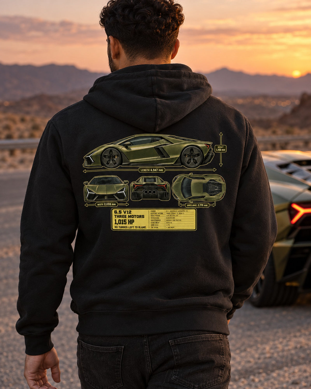 Lamborghini Revuelto Dimension Blueprint Shirt, V12 Hybrid Tee Zip Hoodie Black worn hero