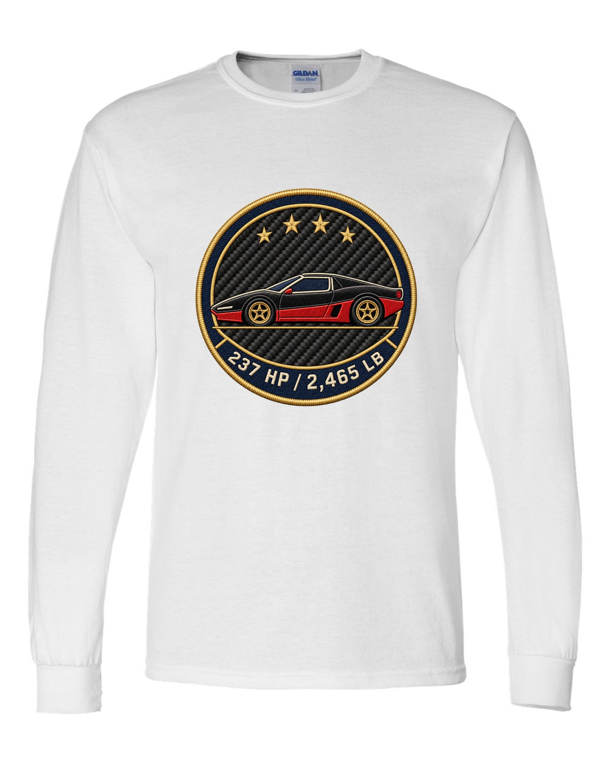 Embroidery style round crest for an Alfa Romeo 4C showing 237 HP and 2,465 LB white long sleeve front view with the design