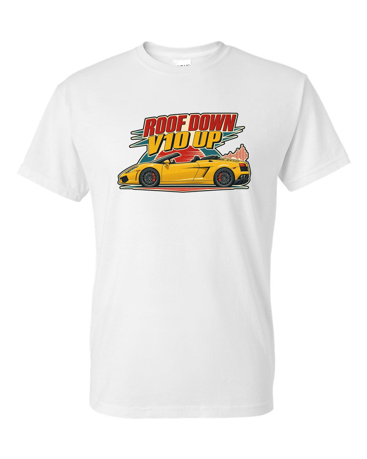 Vintage 1960s lithograph poster of a Lamborghini Gallardo Spyder LP560-4 with the text ROOF DOWN / V10 UP white t-shirt front view with the design