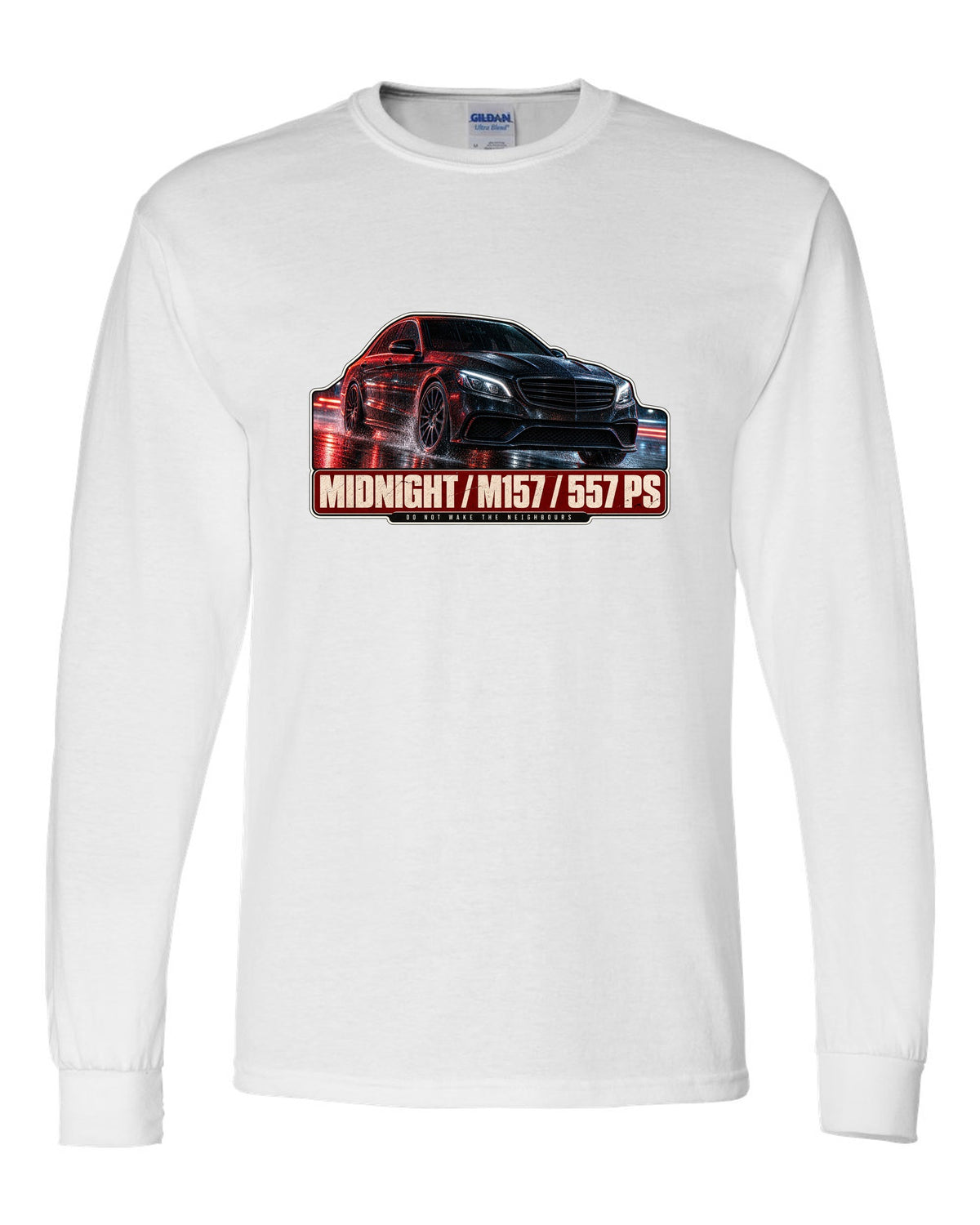 Night street print of a Mercedes-AMG E63 W212 facelift in blue and red light white long sleeve front view with the design