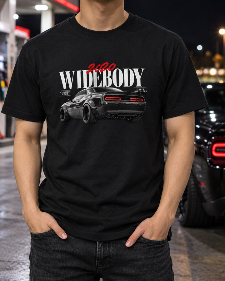 2020 Challenger Scat Pack Widebody 3.5 Inches Wider Editorial Tee T-Shirt Black worn hero