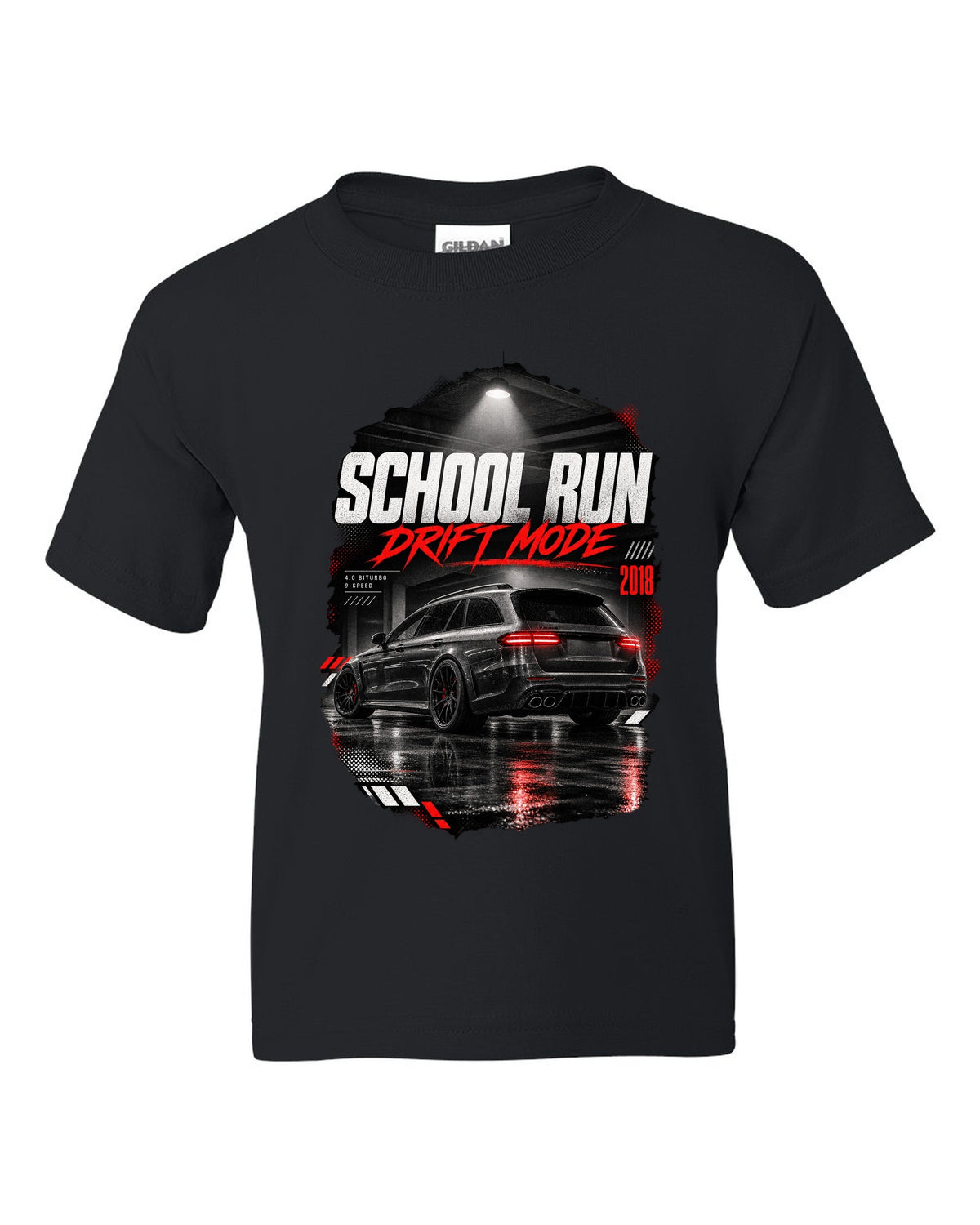 print of a Mercedes E63 S wagon S213 in a night garage with the text School Run / Drift Mode black kids tee front view with the design