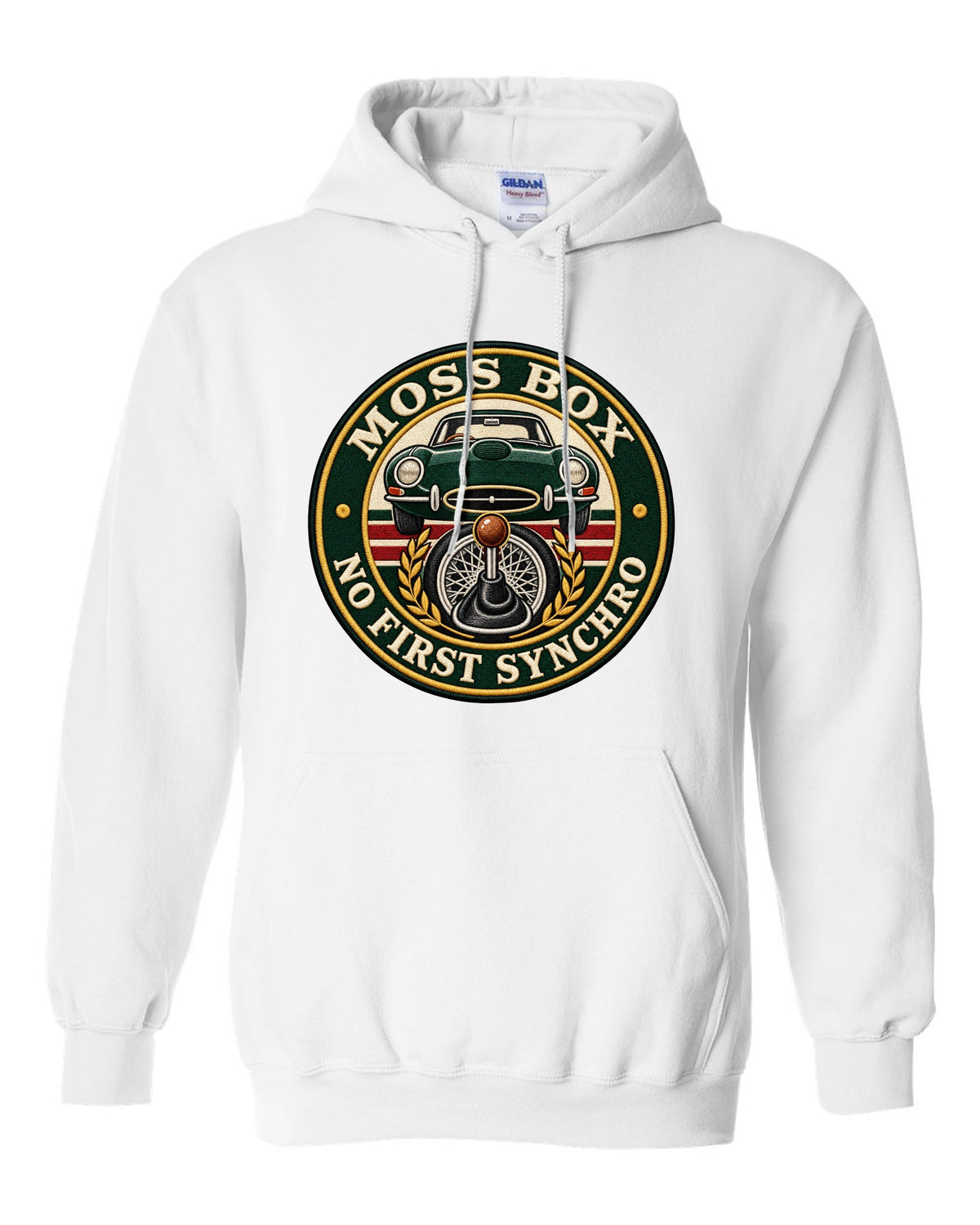 Varsity embroidery-style print for the 1961 Jaguar E-Type Series 1 with Moss box lettering white pull over hoodie front view with the design