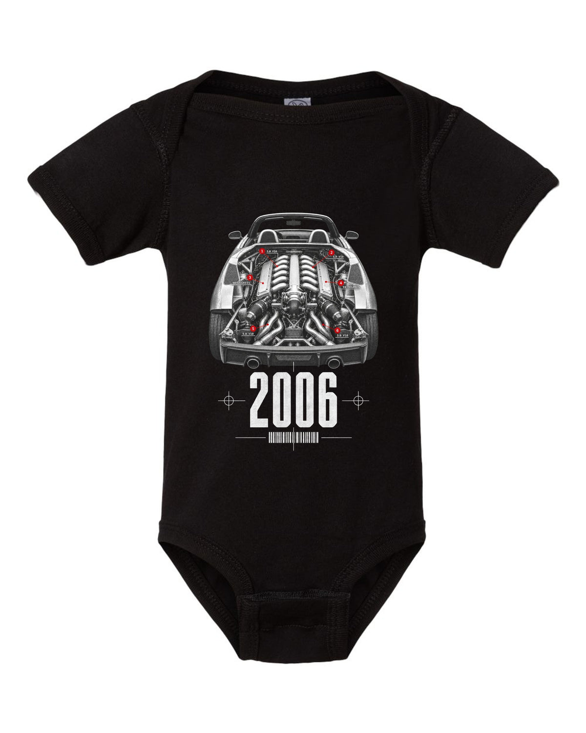 Engine hero print of a Lamborghini Gallardo Spyder with 5.0 V10 and 90 Degrees text black baby onesie front view with the design