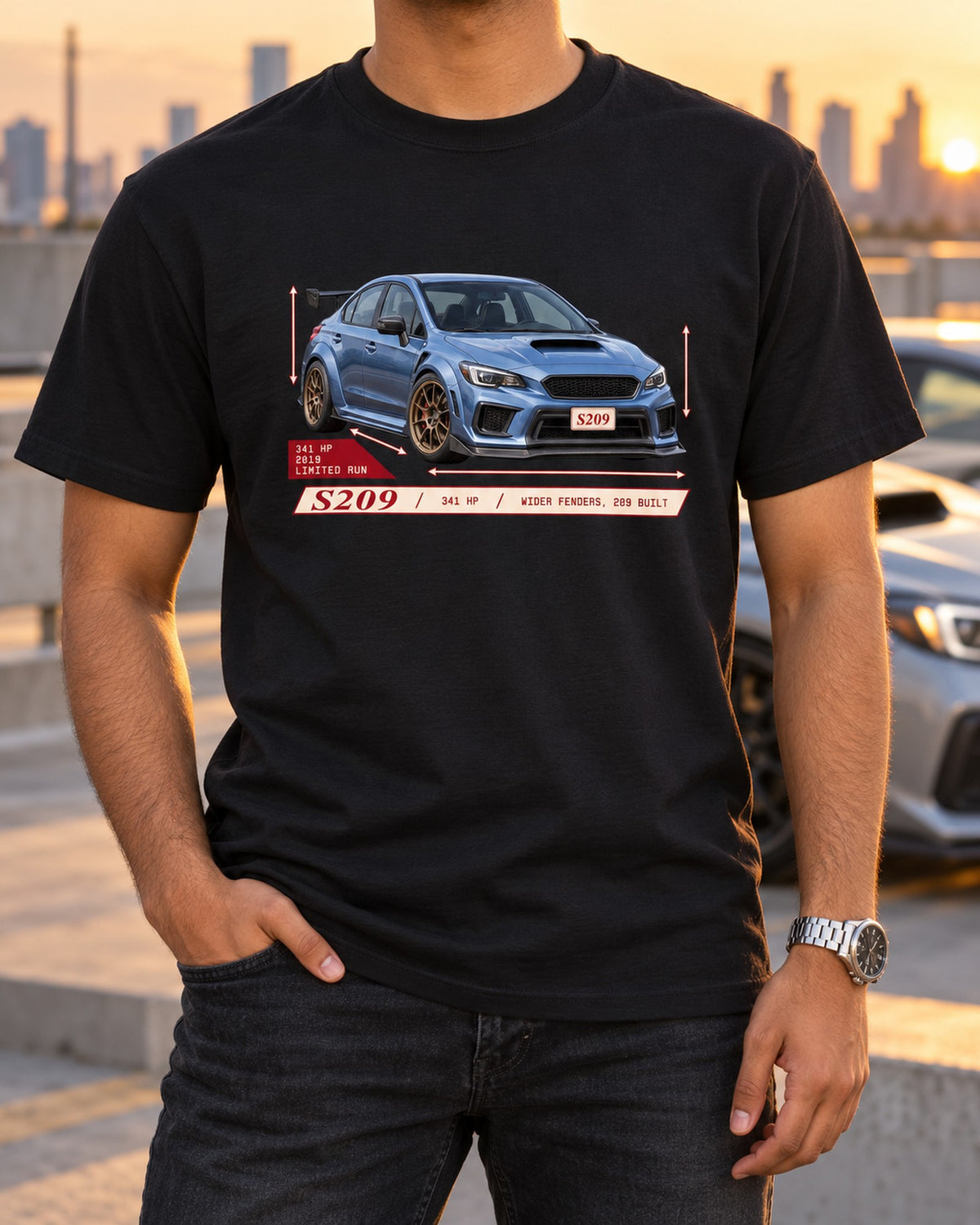Subaru WRX STI S209 2019 Archive Panel Shirt, 341 HP Widebody T-Shirt Black worn hero