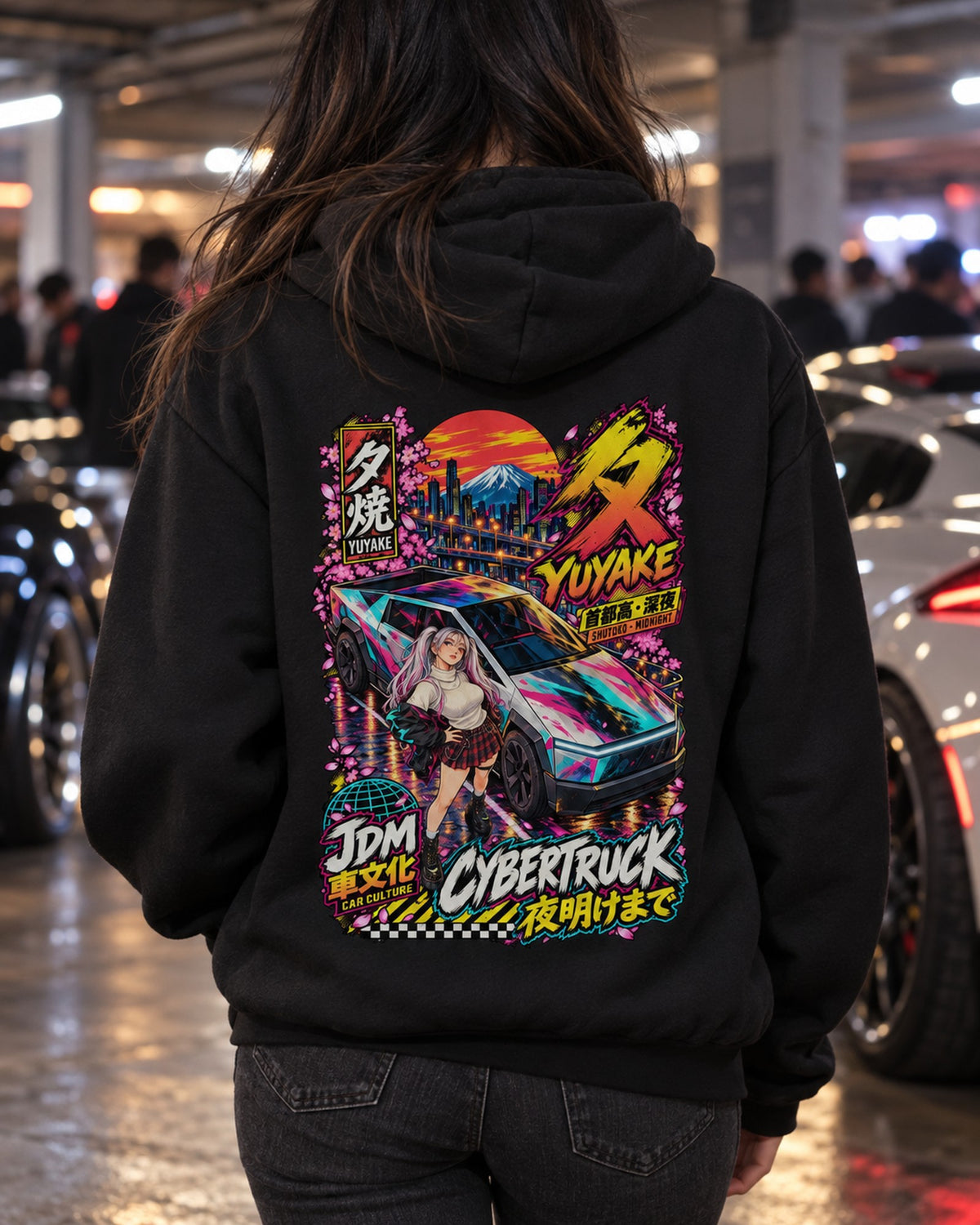 YUYAKE CYBERTRUCK Anime Girl Full-Back Graphic Tee Pull Over Hoodie Black worn hero