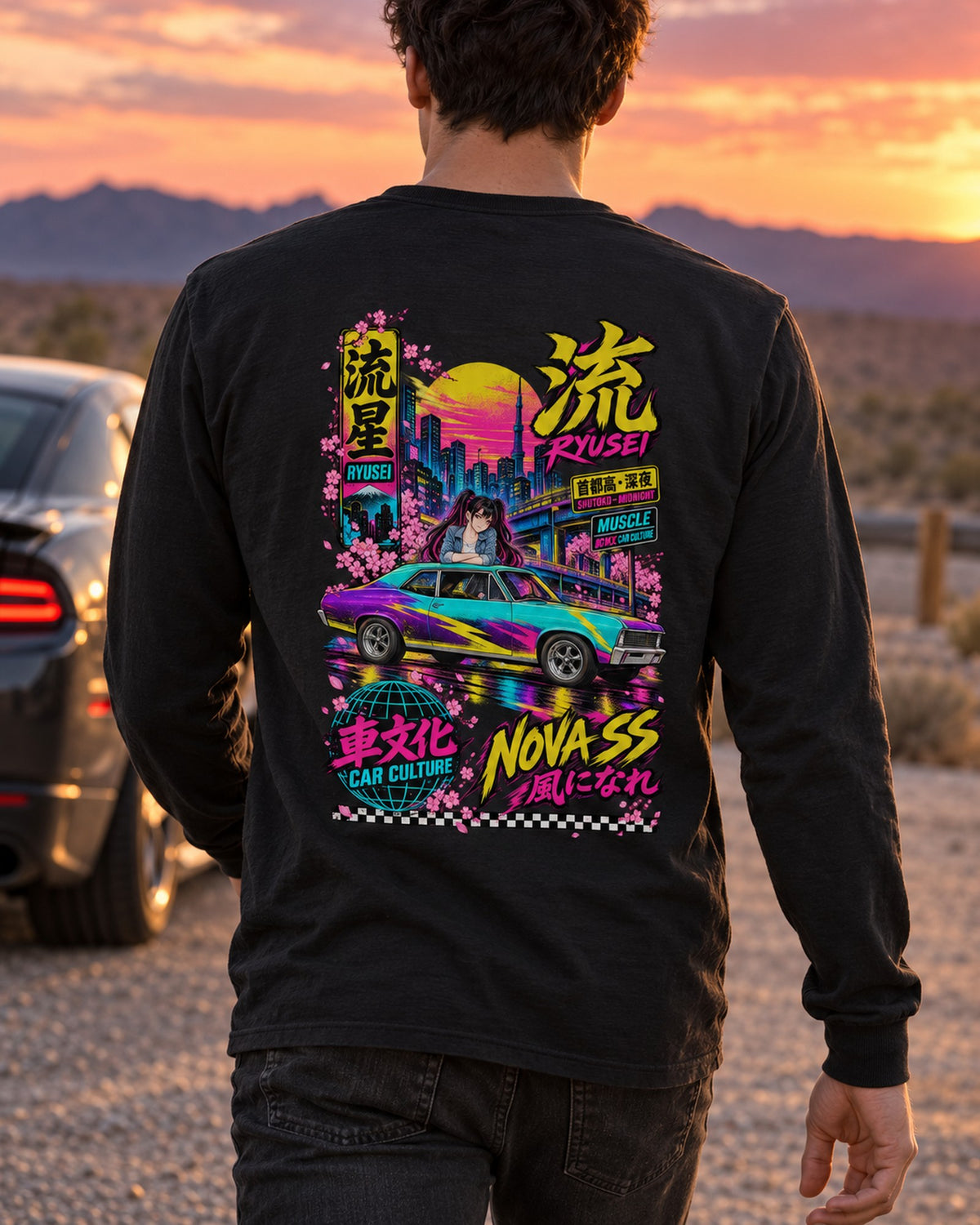 RYUSEI NOVA SS Anime Girl Full-Back Graphic Tee Long Sleeve Black worn hero