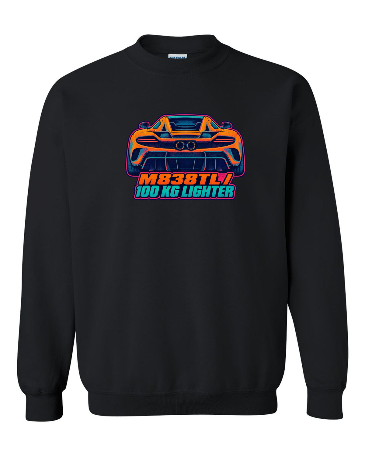 Risograph spot colour print of the McLaren 675LT flying buttress with M838TL and 100 kg Lighter lettering black crewneck front view with the design
