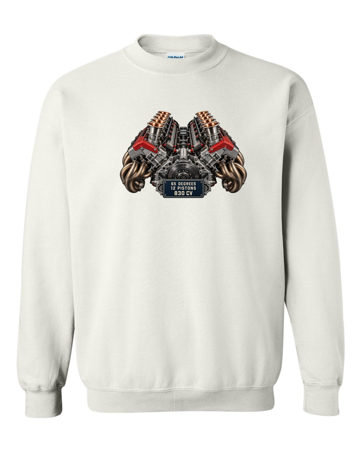 Engine bay print of the Ferrari 12Cilindri F140HD V12 white crewneck front view with the design